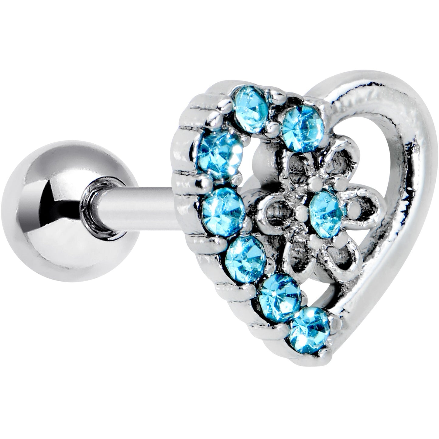 16 Gauge 1/4 Blue Gem Floral Hollow Heart Cartilage Tragus Earring