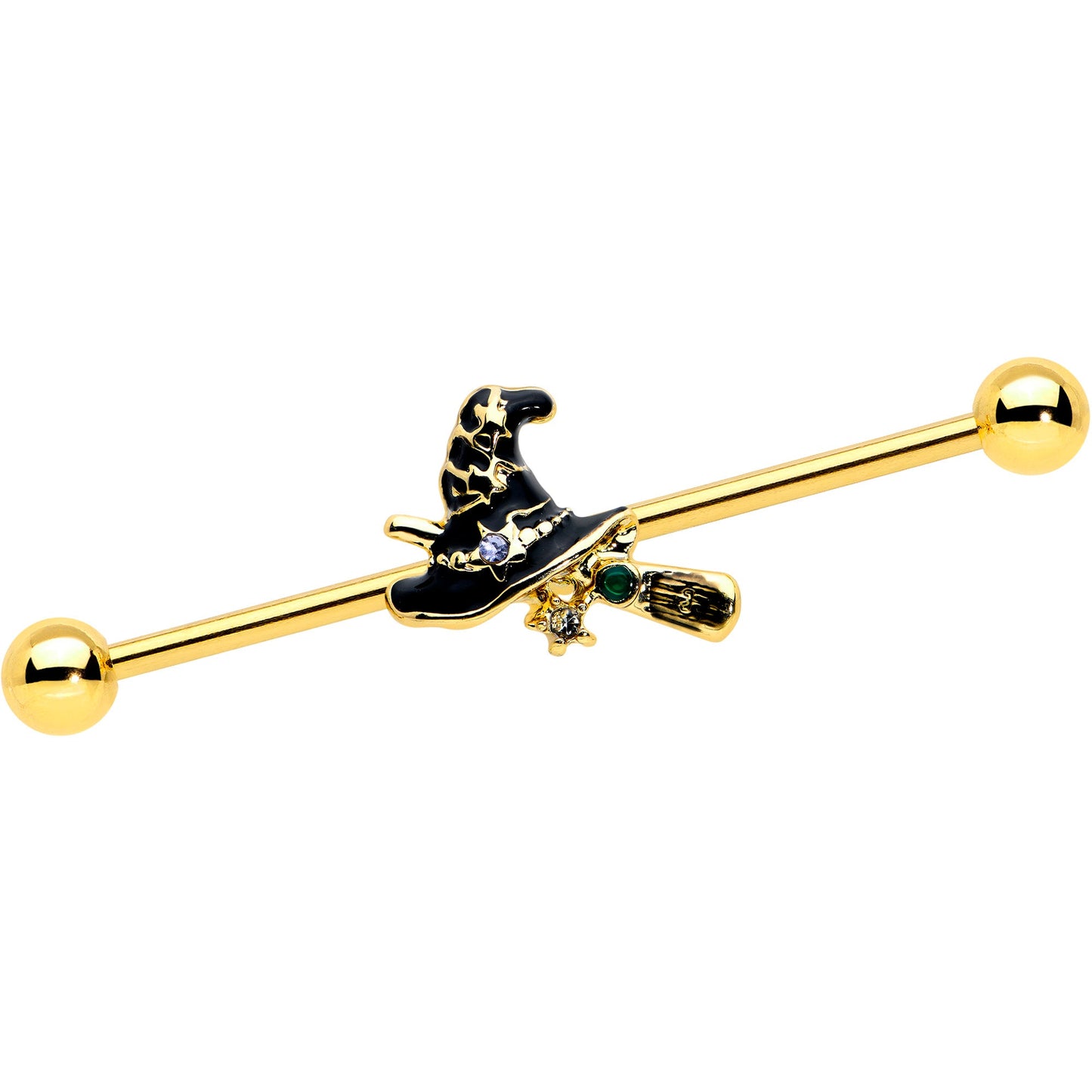 14 Gauge Clear Gem Gold Tone Witch Hat Broom Industrial Barbell 38mm