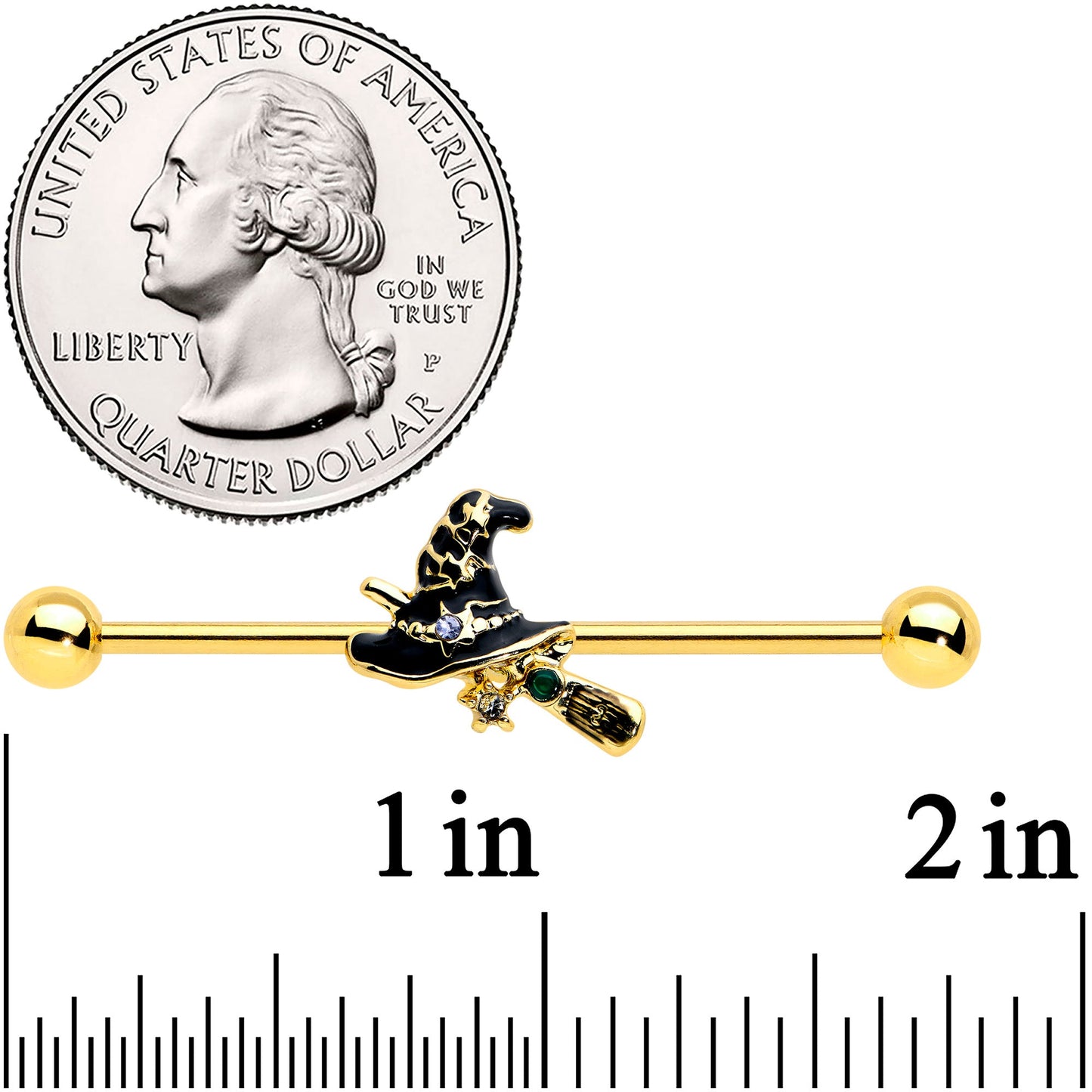 14 Gauge Clear Gem Gold Tone Witch Hat Broom Industrial Barbell 38mm