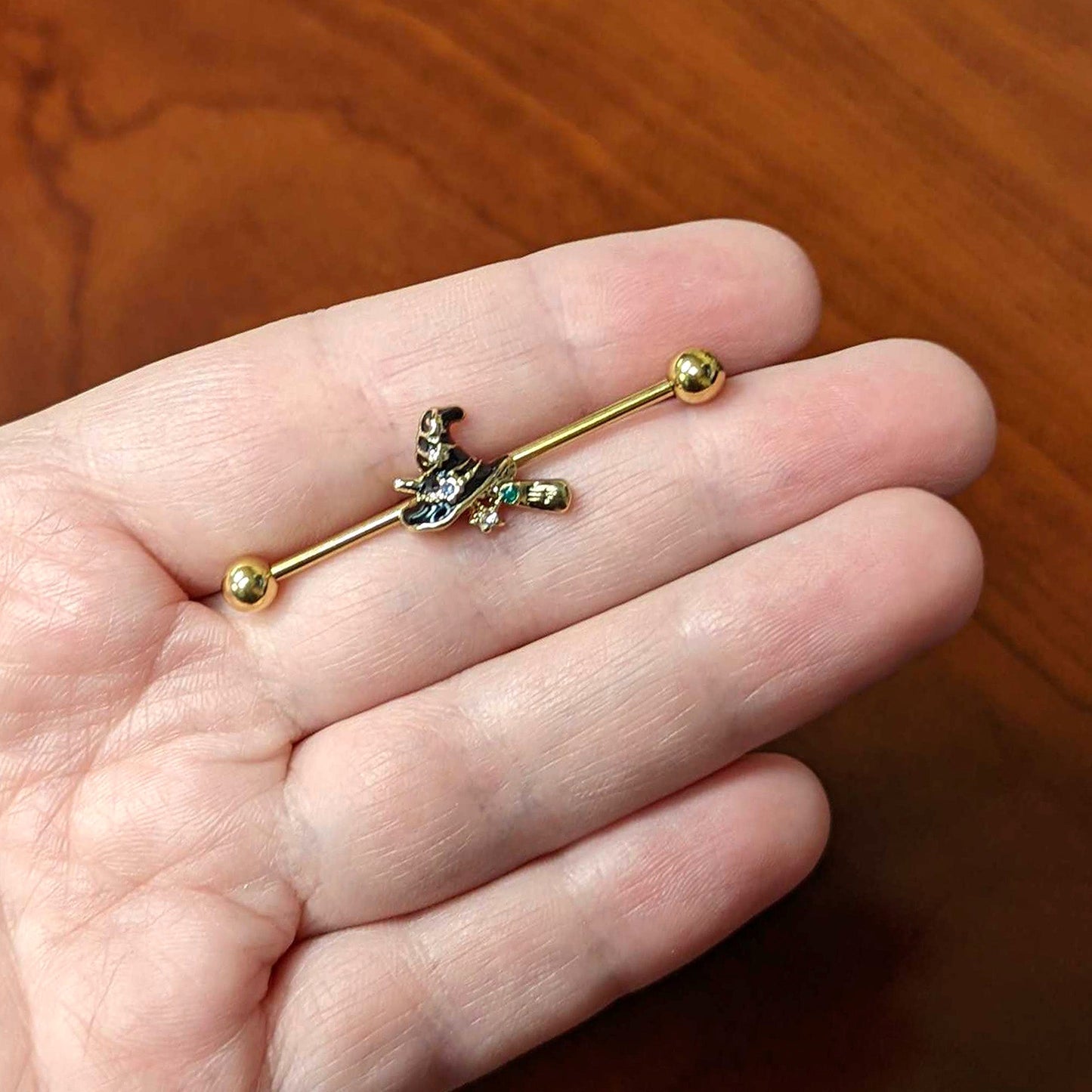 14 Gauge Clear Gem Gold Tone Witch Hat Broom Industrial Barbell 38mm