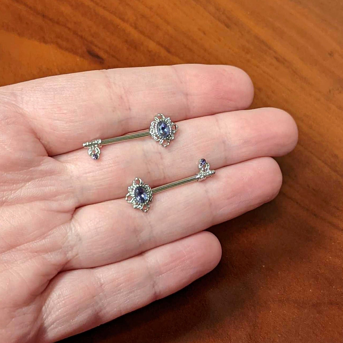 14 Gauge 9/16 Purple Gem Unlock My Heart Key Barbell Nipple Ring Set