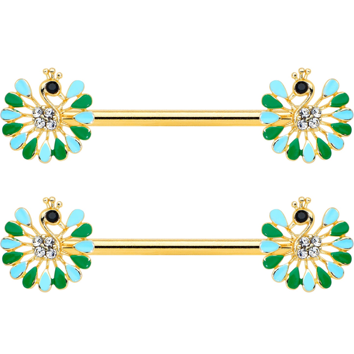 14 Gauge 5/8 Clear Gem Gold Hue Pretty Peacock Barbell Nipple Ring Set