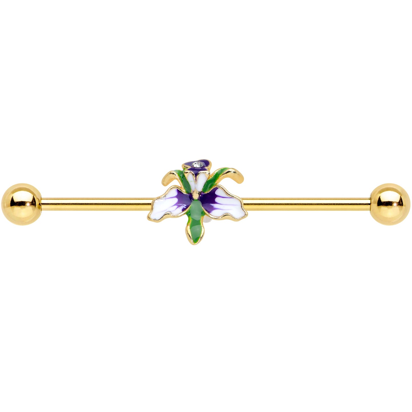14 Gauge Clear Gem Gold Tone Iris Flower Industrial Barbell 38mm