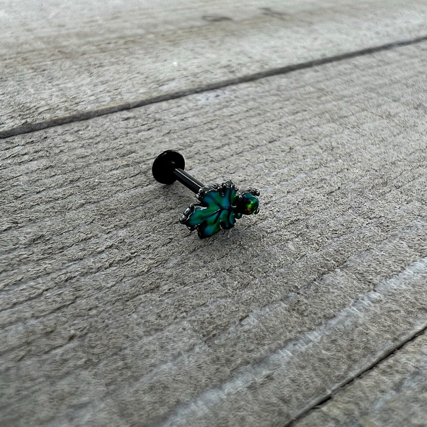 16 Gauge 5/16 Green Synthetic Opal Black Fall Leaf Labret Monroe Tragus