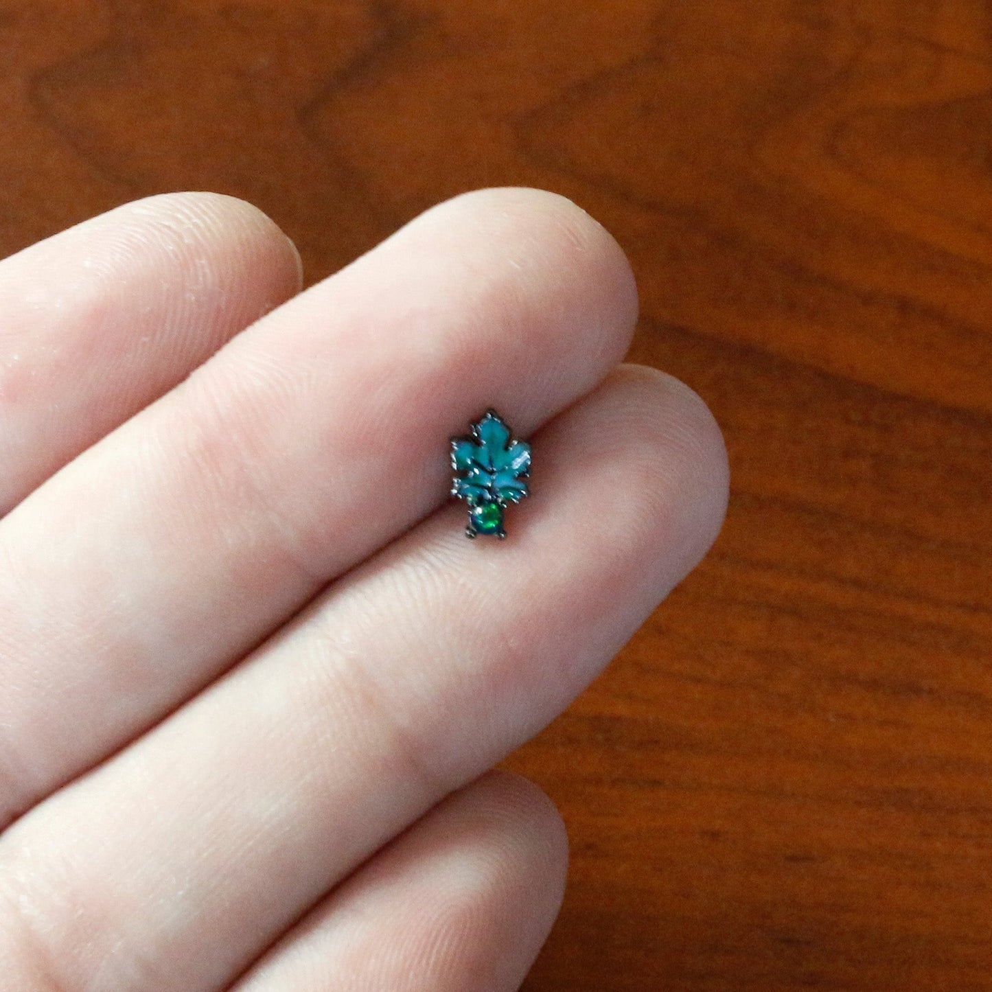 16 Gauge 5/16 Green Synthetic Opal Black Fall Leaf Labret Monroe Tragus