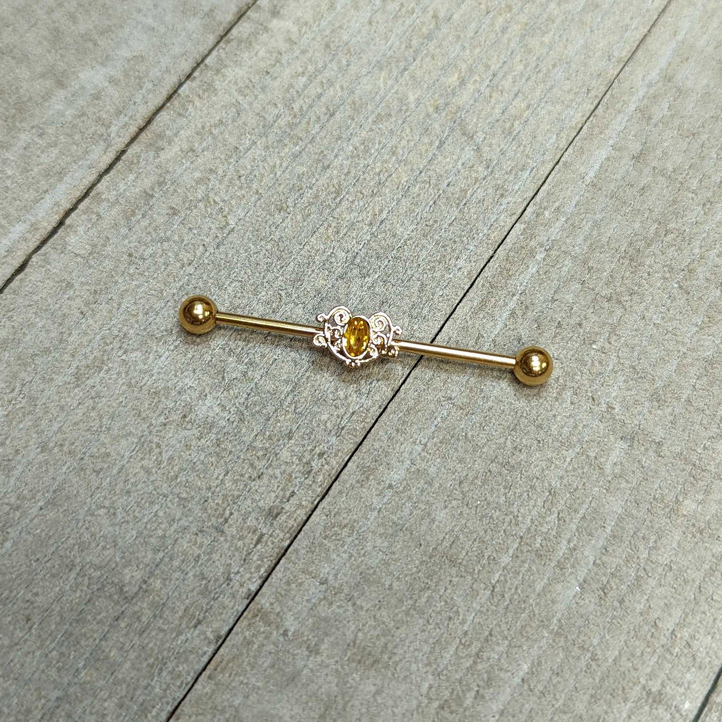 14 Gauge Yellow Gem Gold Tone Duet Scroll Industrial Barbell 38mm