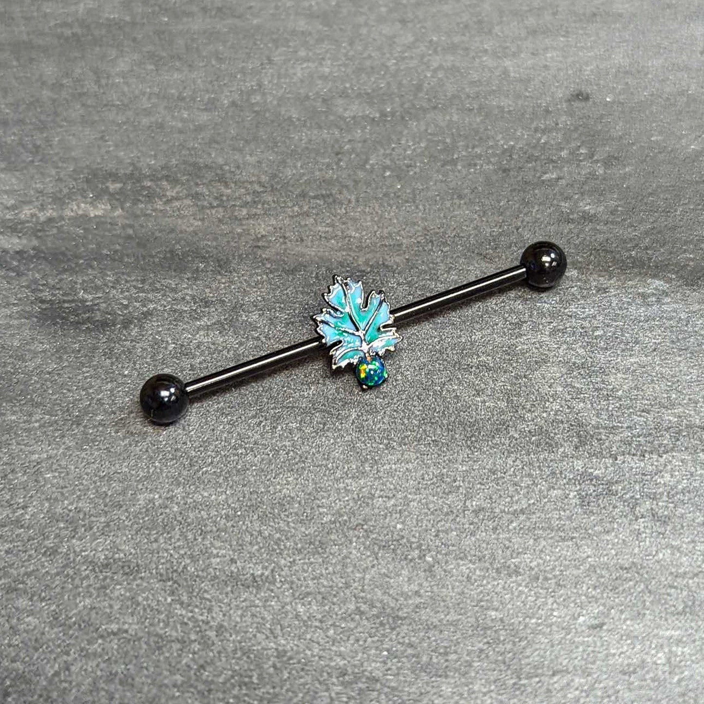 14 Gauge Green Synthetic Opal Black Fall Leaf Industrial Barbell 38mm