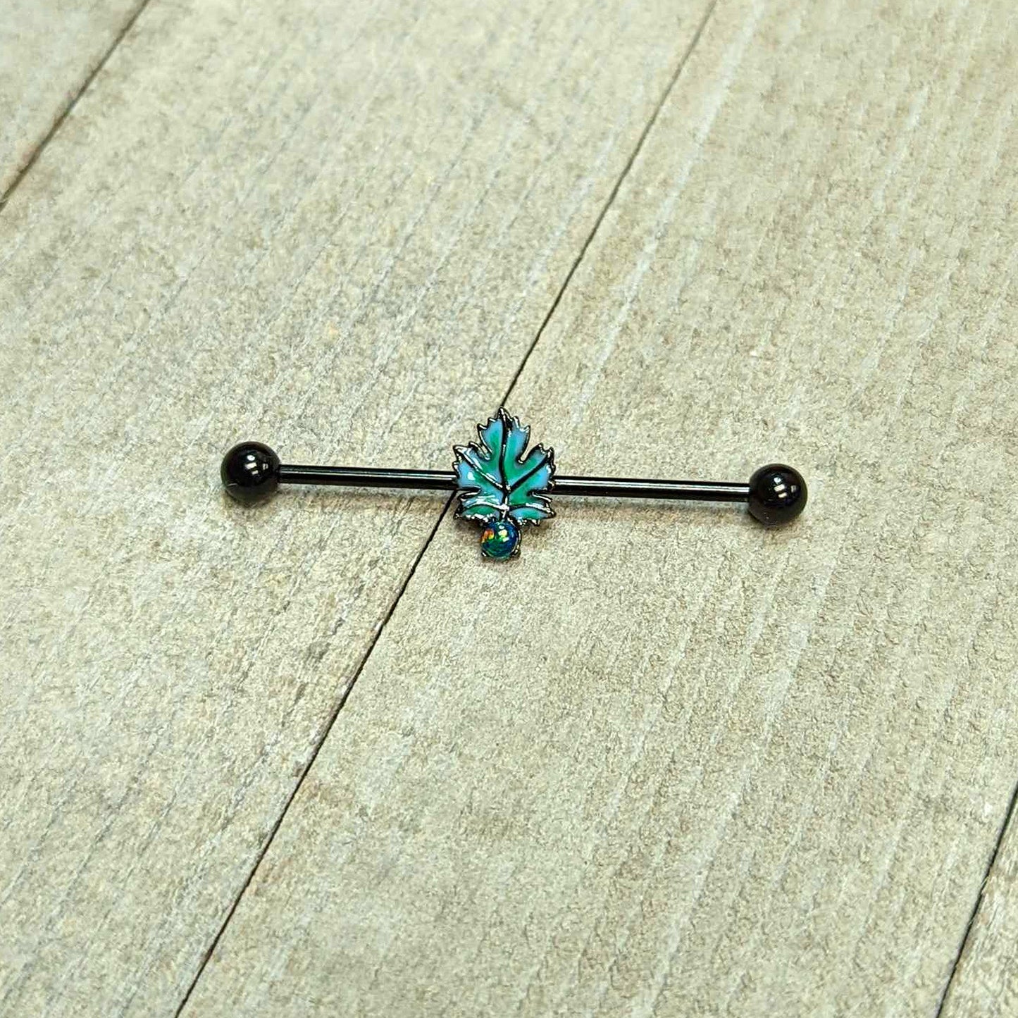 14 Gauge Green Synthetic Opal Black Fall Leaf Industrial Barbell 38mm