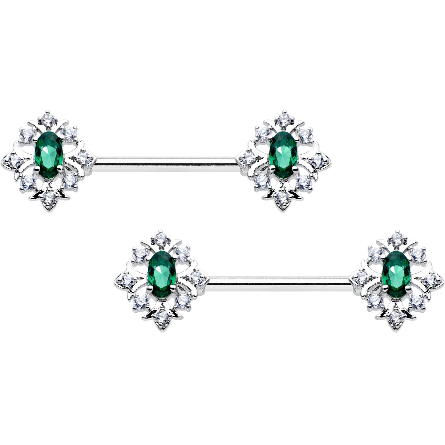 14 Gauge 9/16 Clear Green Gem Ornate Art Deco Barbell Nipple Ring Set