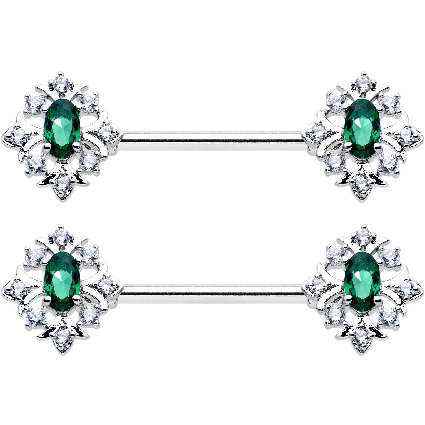 14 Gauge 9/16 Clear Green Gem Ornate Art Deco Barbell Nipple Ring Set