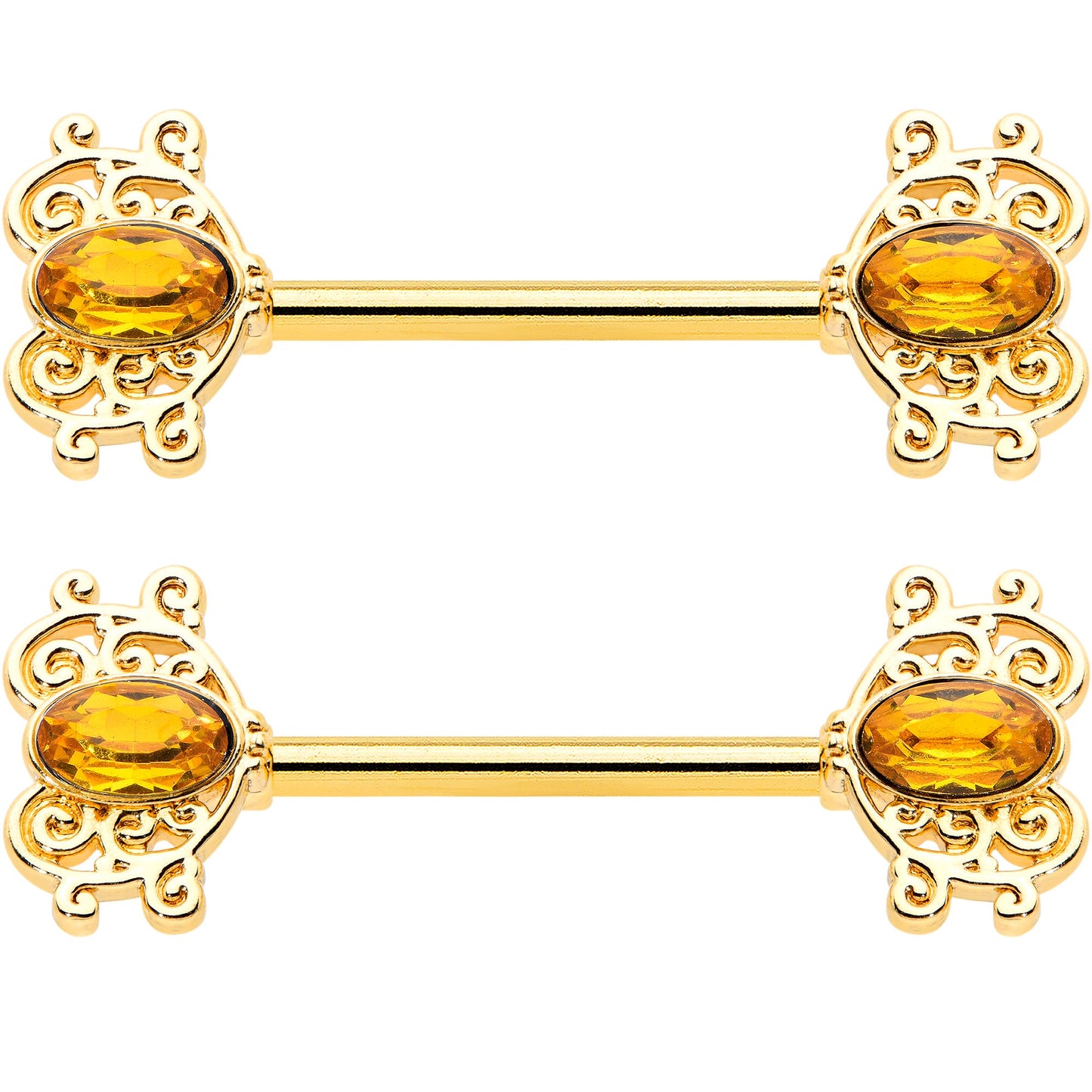 14 Gauge 9/16 Yellow Gem Gold Hue Duet Scroll Barbell Nipple Ring Set