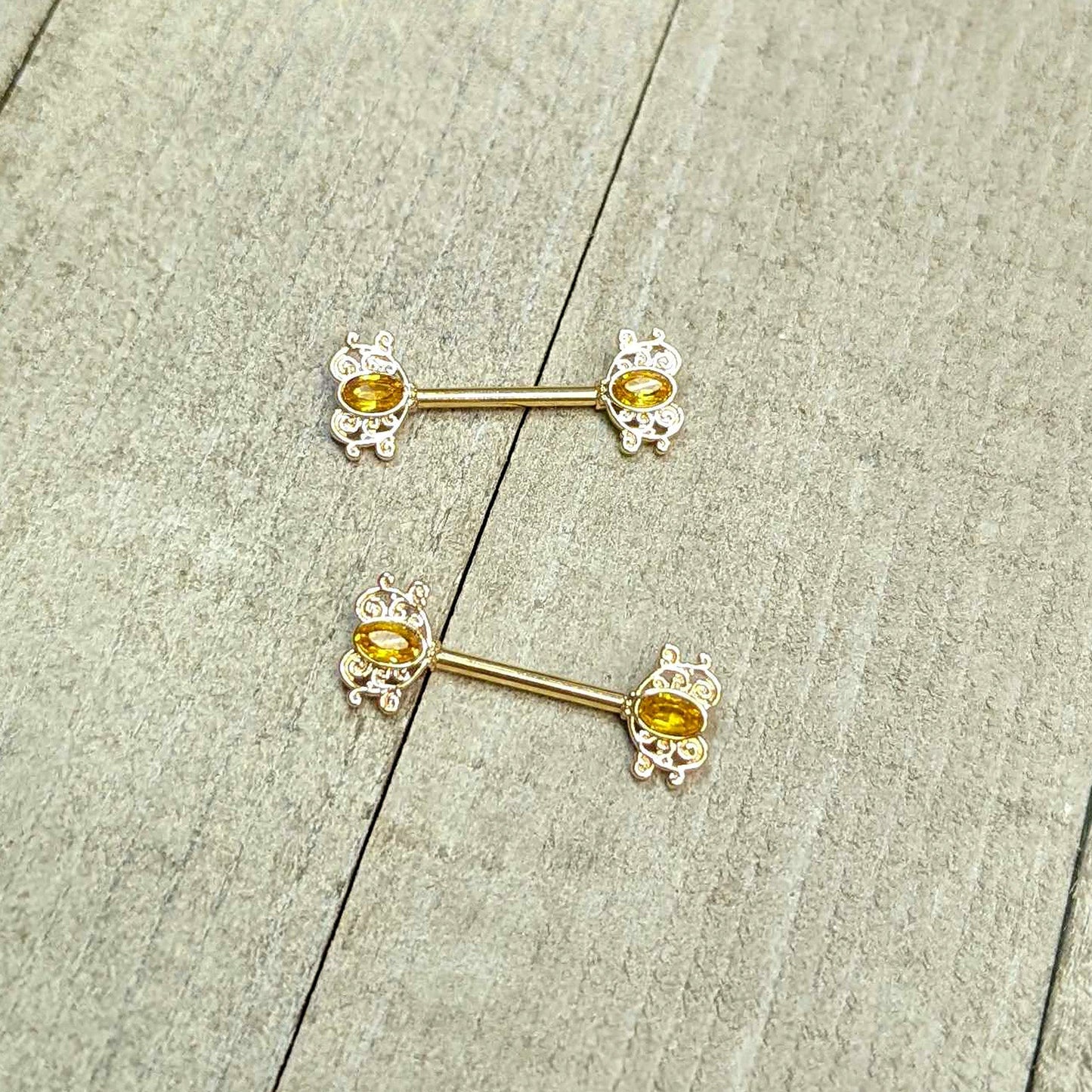 14 Gauge 9/16 Yellow Gem Gold Hue Duet Scroll Barbell Nipple Ring Set