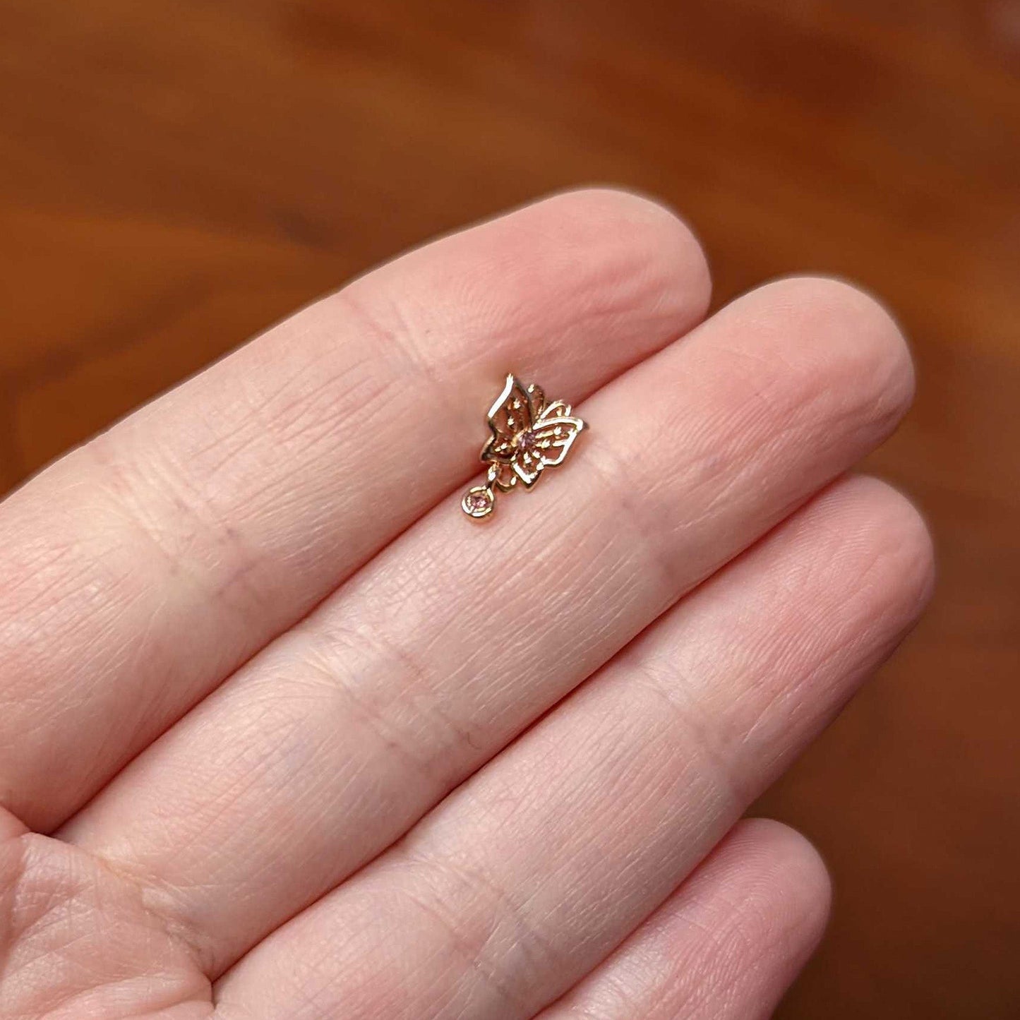 16 Gauge 1/4 Pink CZ Gem Rose Gold Tone Butterfly Cartilage Tragus