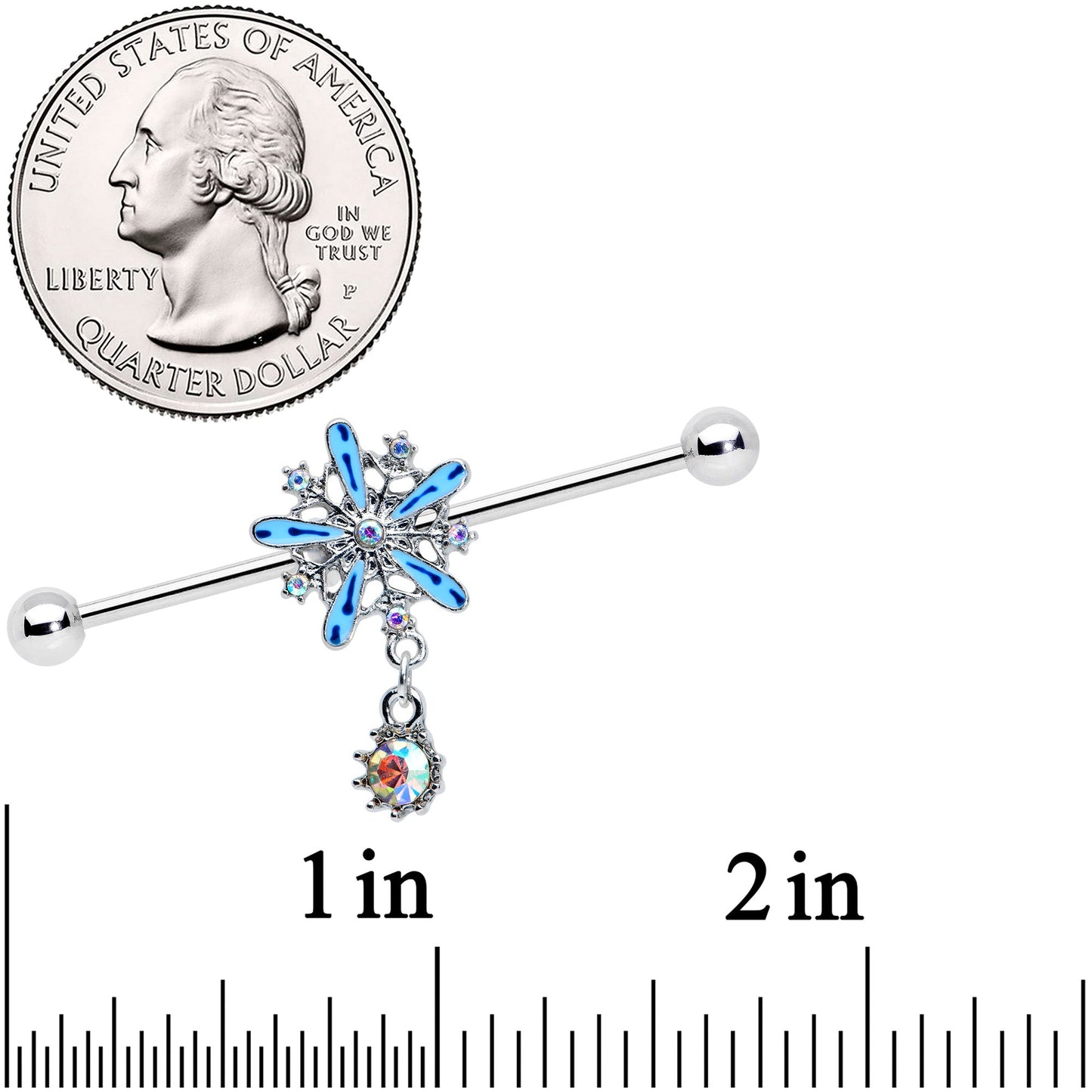 14 Gauge Aurora Gem Snowflake Blues Christmas Industrial Barbell 38mm