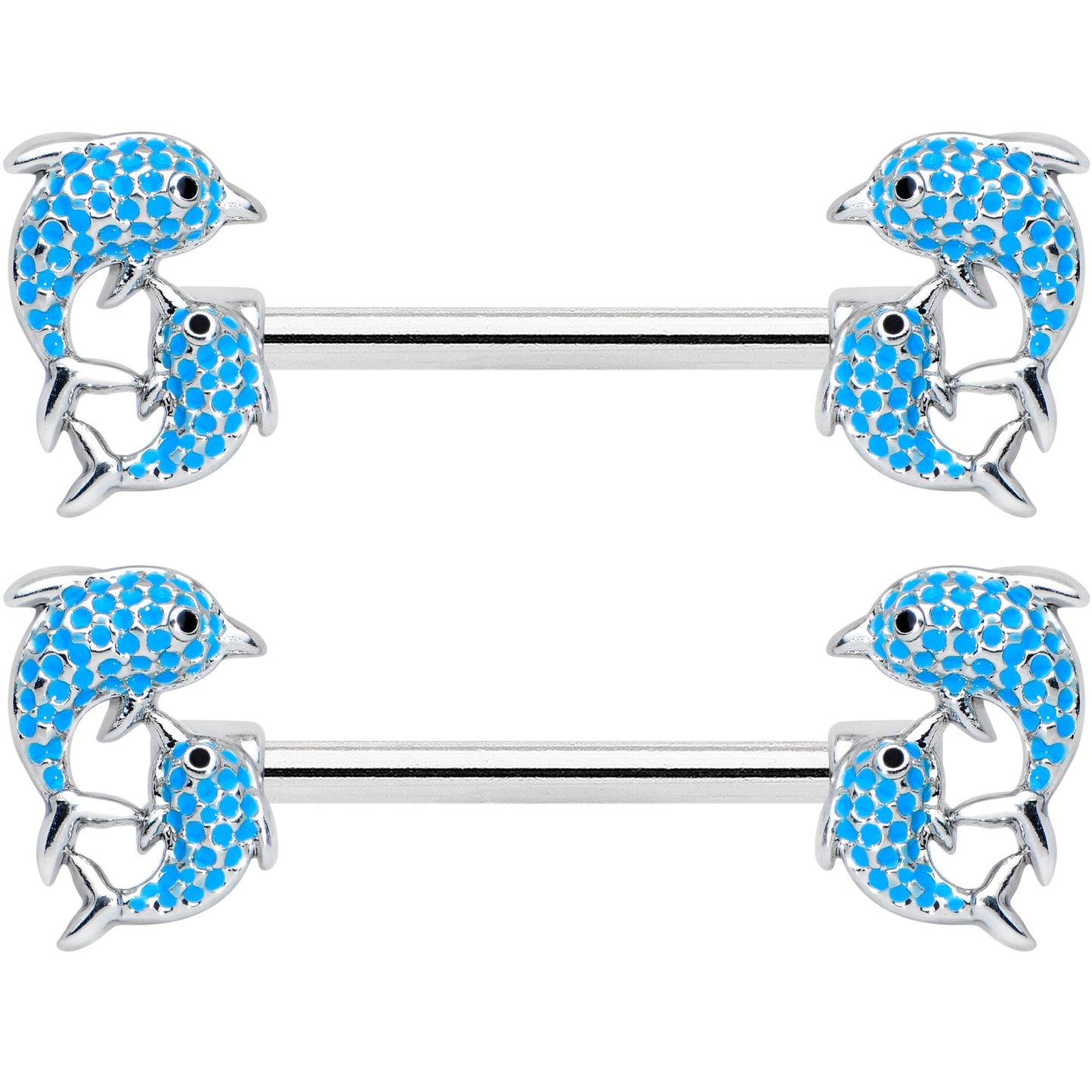 14 Gauge 9/16 Black Blue Gem Leaping Dolphin Barbell Nipple Ring Set