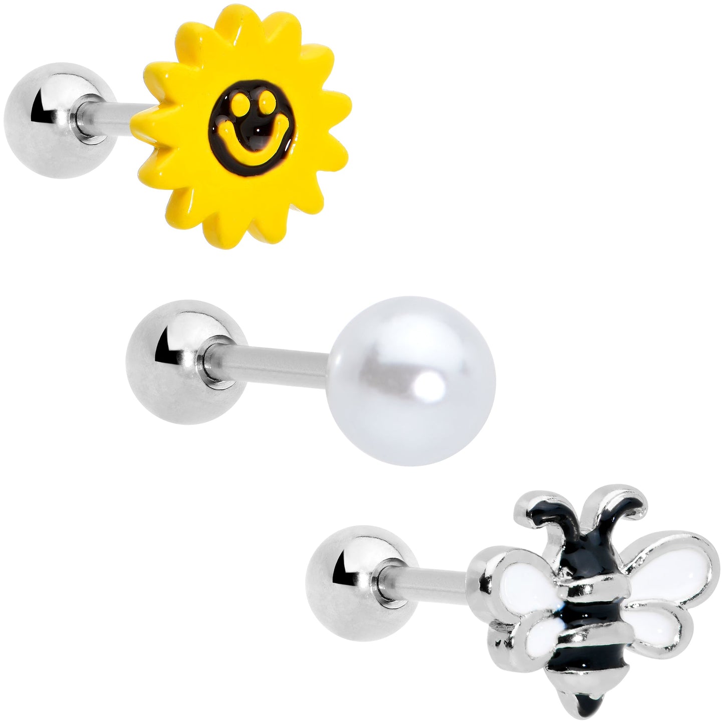 16 Gauge 1/4 Bee Smile Flower Pearlescent Cartilage Tragus Set of 3