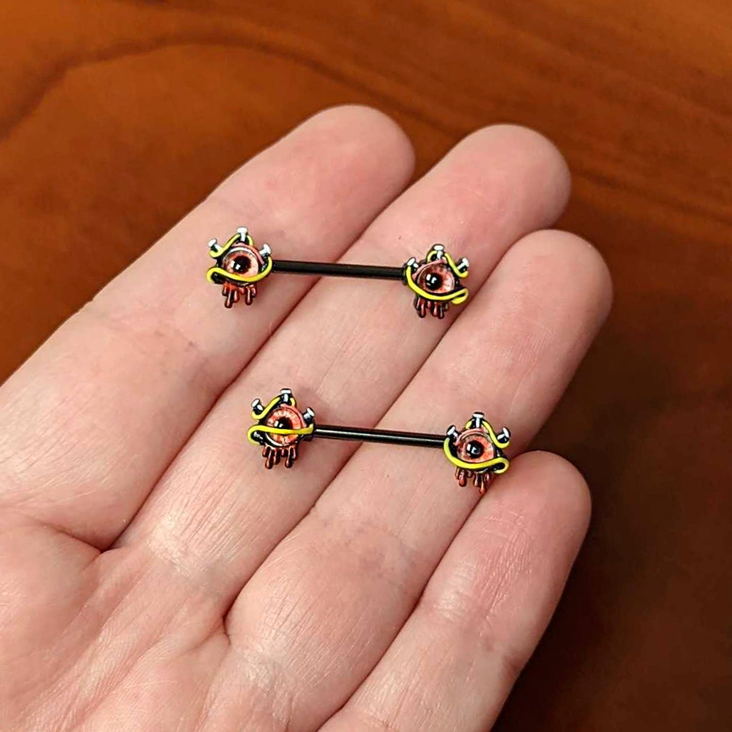 14 Gauge 9/16 Black Spiky Eyeball Halloween Barbell Nipple Ring Set