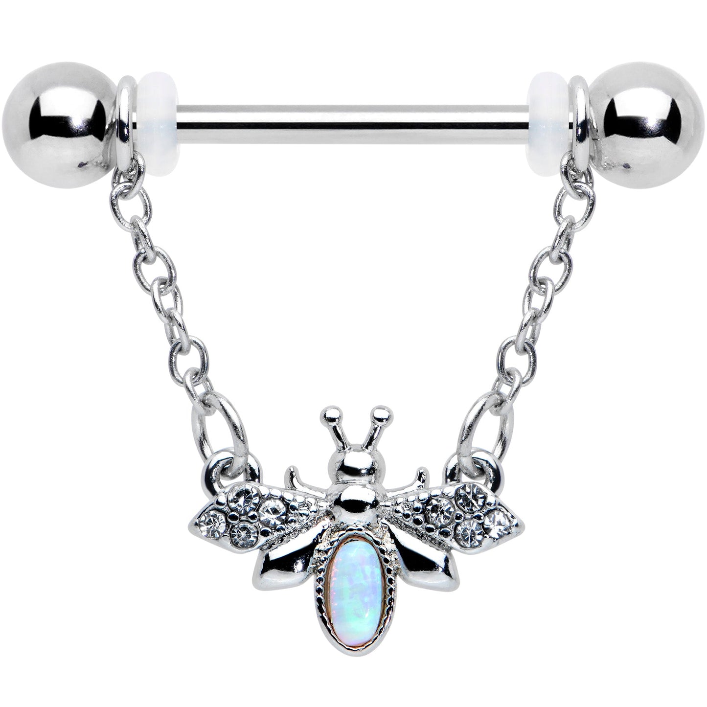 14 Gauge 9/16 White Synthetic Opal Chain Dangle Nipple Ring Set