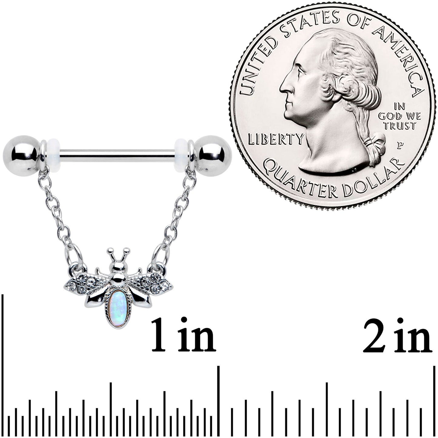 14 Gauge 9/16 White Synthetic Opal Chain Dangle Nipple Ring Set