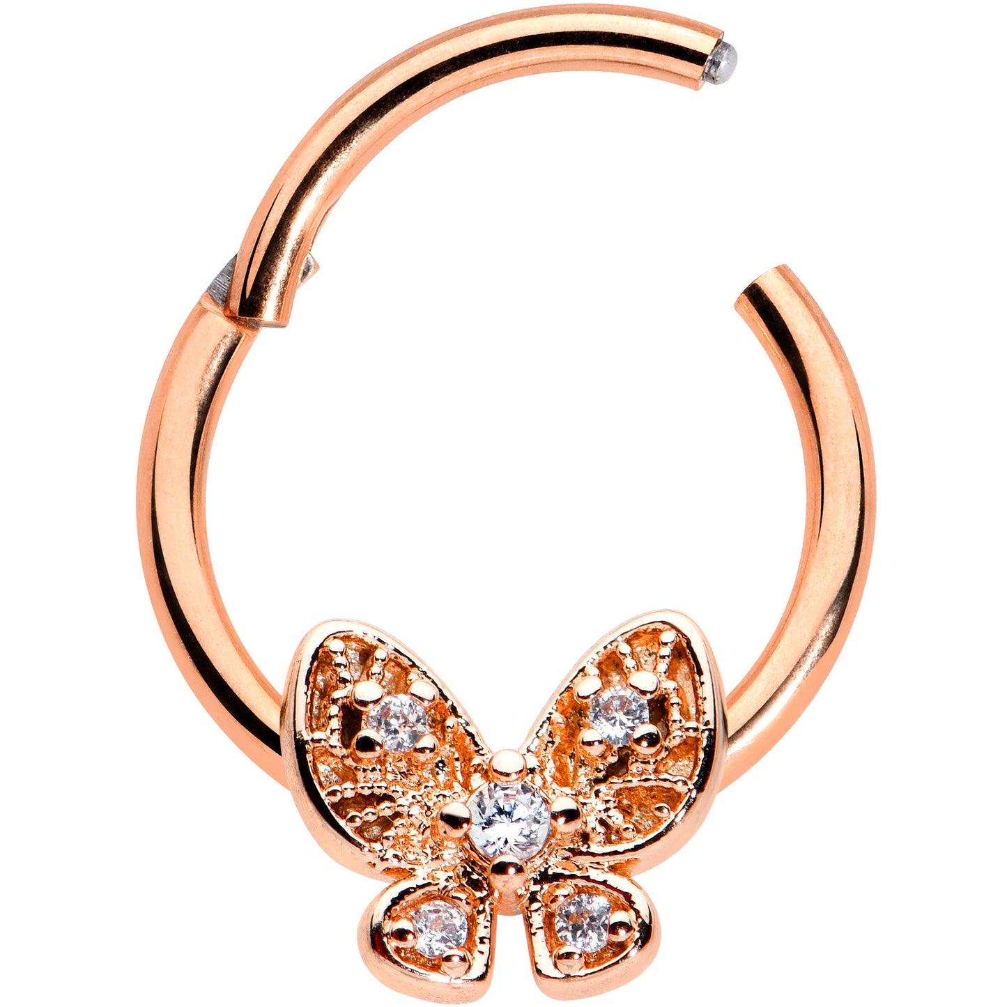 16 Gauge 3/8 Clear Gem Rose Gold Hue Airy Butterfly Hinged Segment Ring