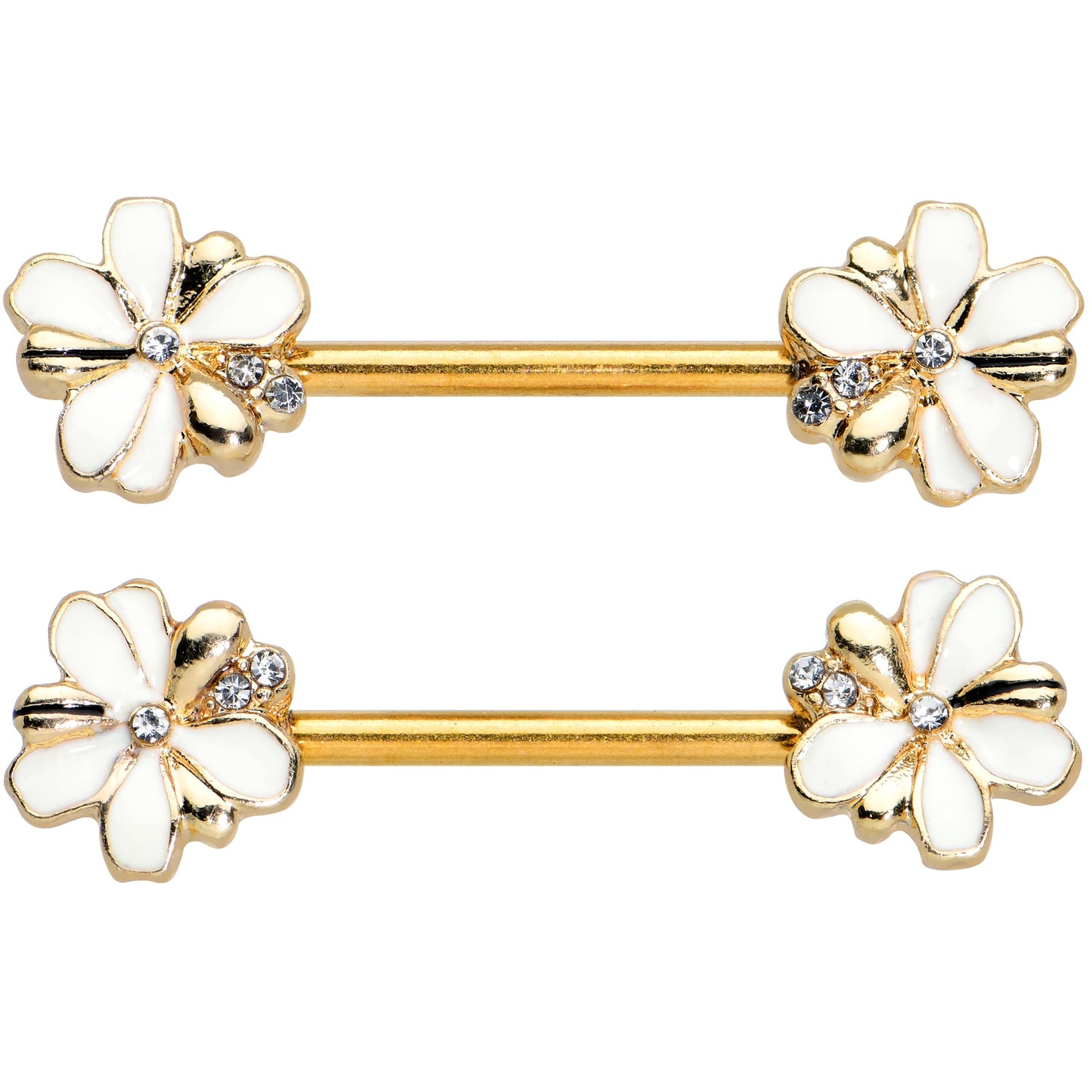 14 Gauge 9/16 Clear Gem Gold Tone Feeding Bee Barbell Nipple Ring Set