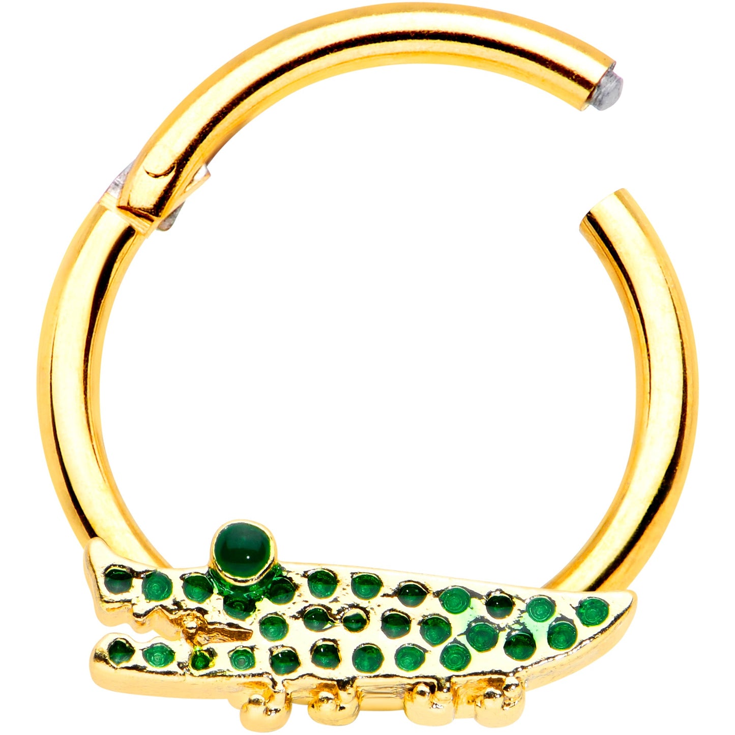 16 Gauge 3/8 Gold Tone Hungry Green Alligator Hinged Segment Ring
