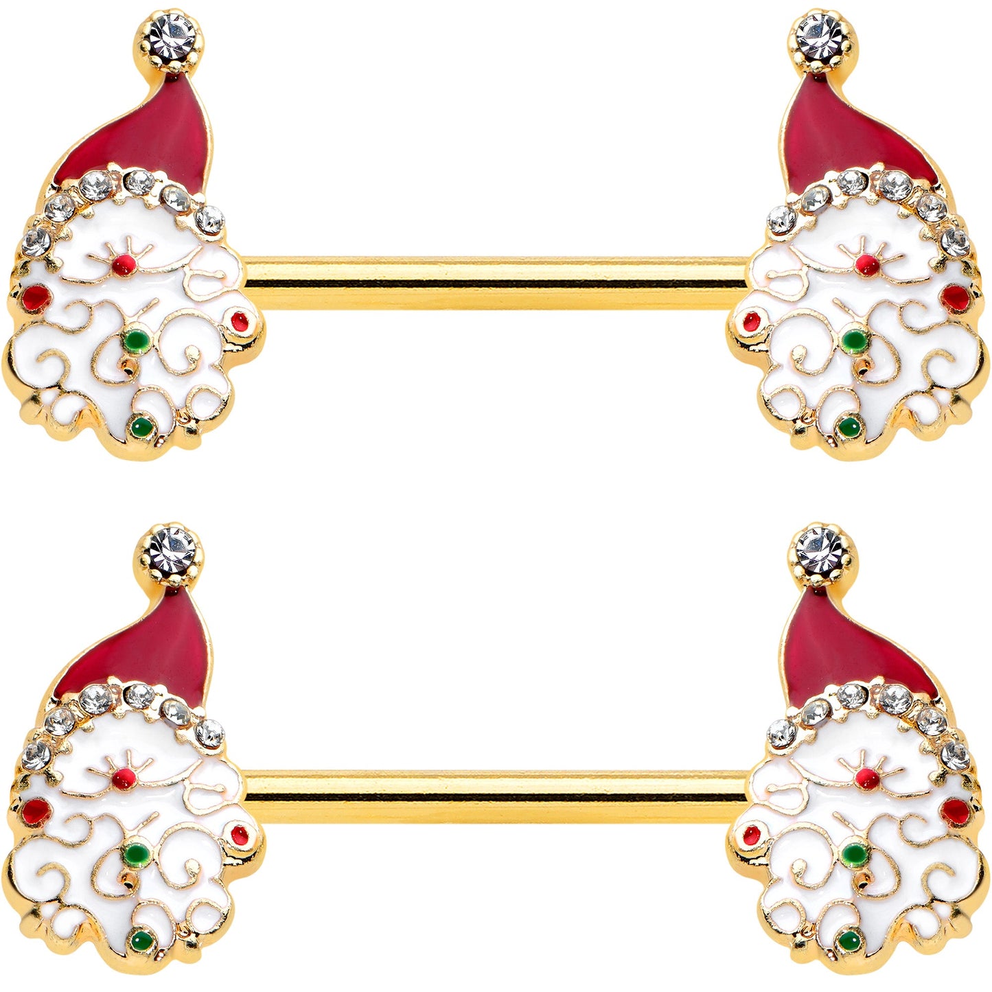 14 Gauge 1/2 Clear Gem Gold Tone Decorated Santa Barbell Nipple Ring Set