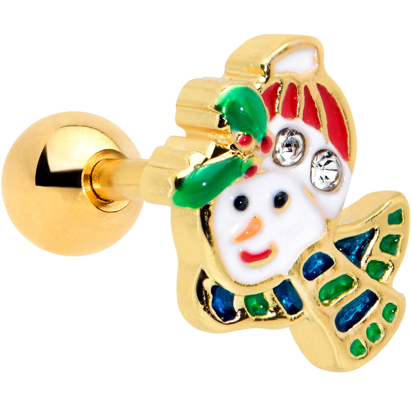 16 Gauge 1/4 Clear Gem Gold Tone Happy Snowman Cartilage Tragus