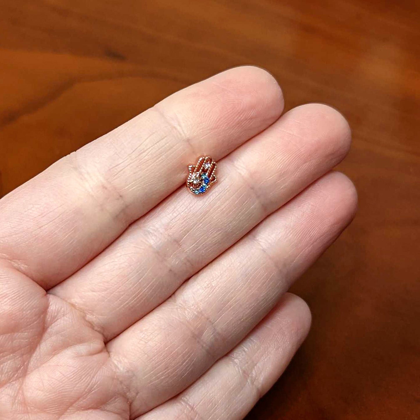 16 Gauge 5/16 Blue Gem Rose Gold Hue Texture Hamsa Labret Monroe Tragus