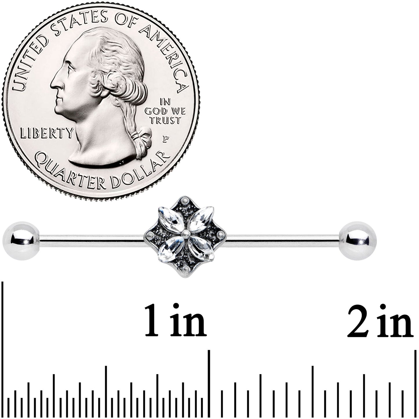 14 Gauge Clear Gem Floral Rhombus Baroque Industrial Barbell 38mm