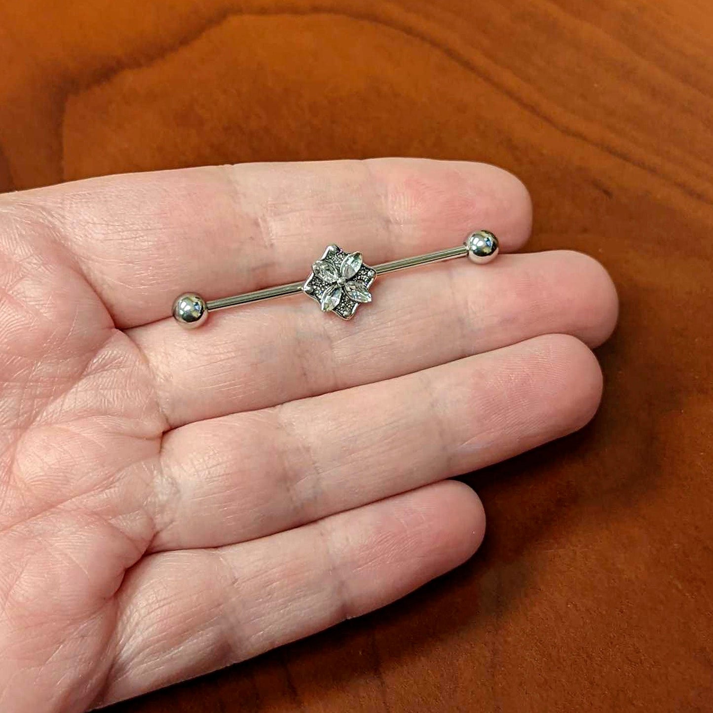 14 Gauge Clear Gem Floral Rhombus Baroque Industrial Barbell 38mm