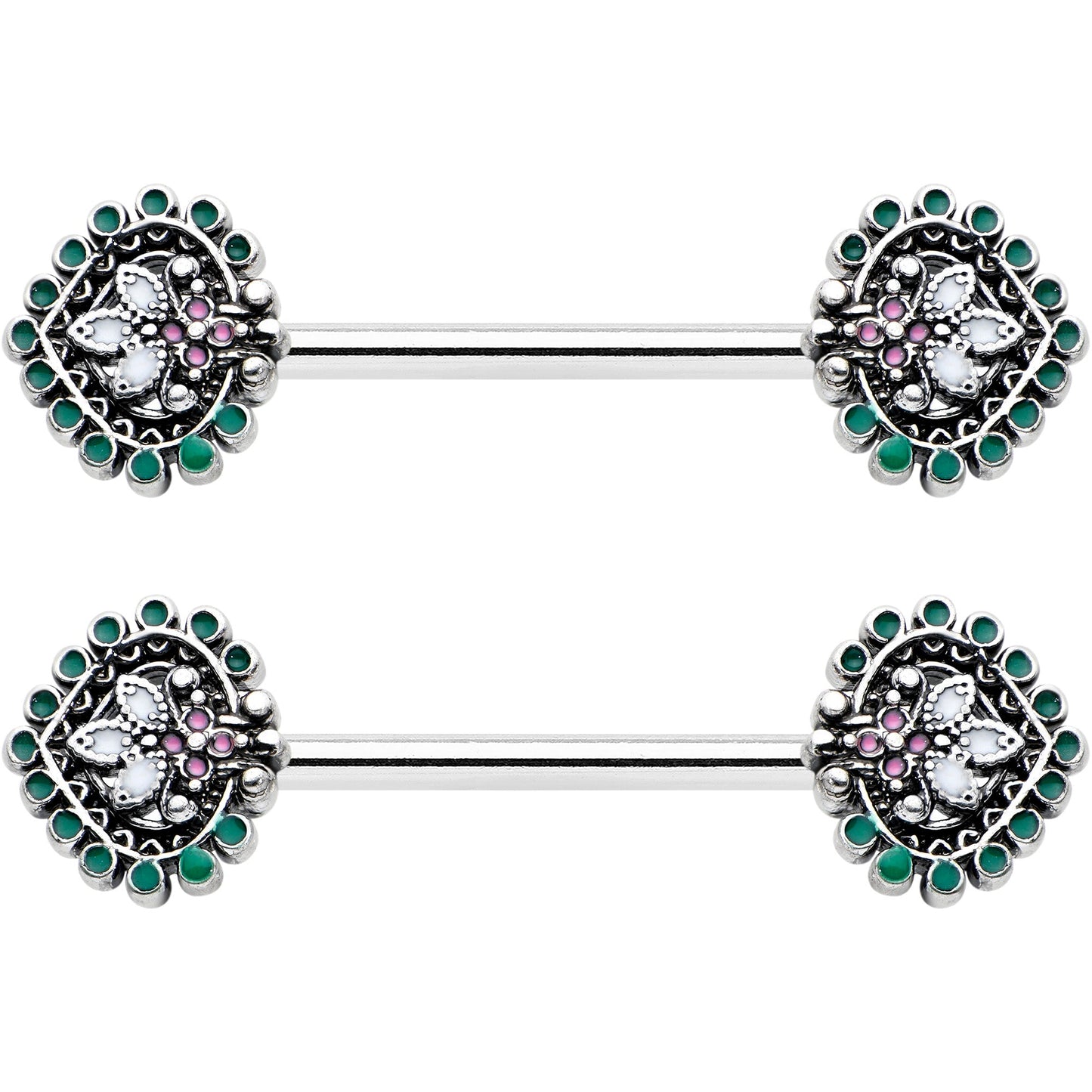 14 Gauge 9/16 Stylized Pink Green Leaf Barbell Nipple Ring Set