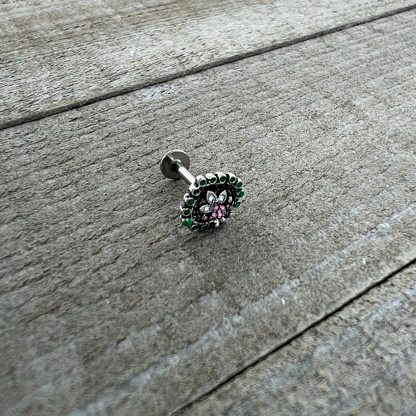 16 Gauge 5/16 Stylized Pink Green Abstract Leaf Labret Monroe Tragus