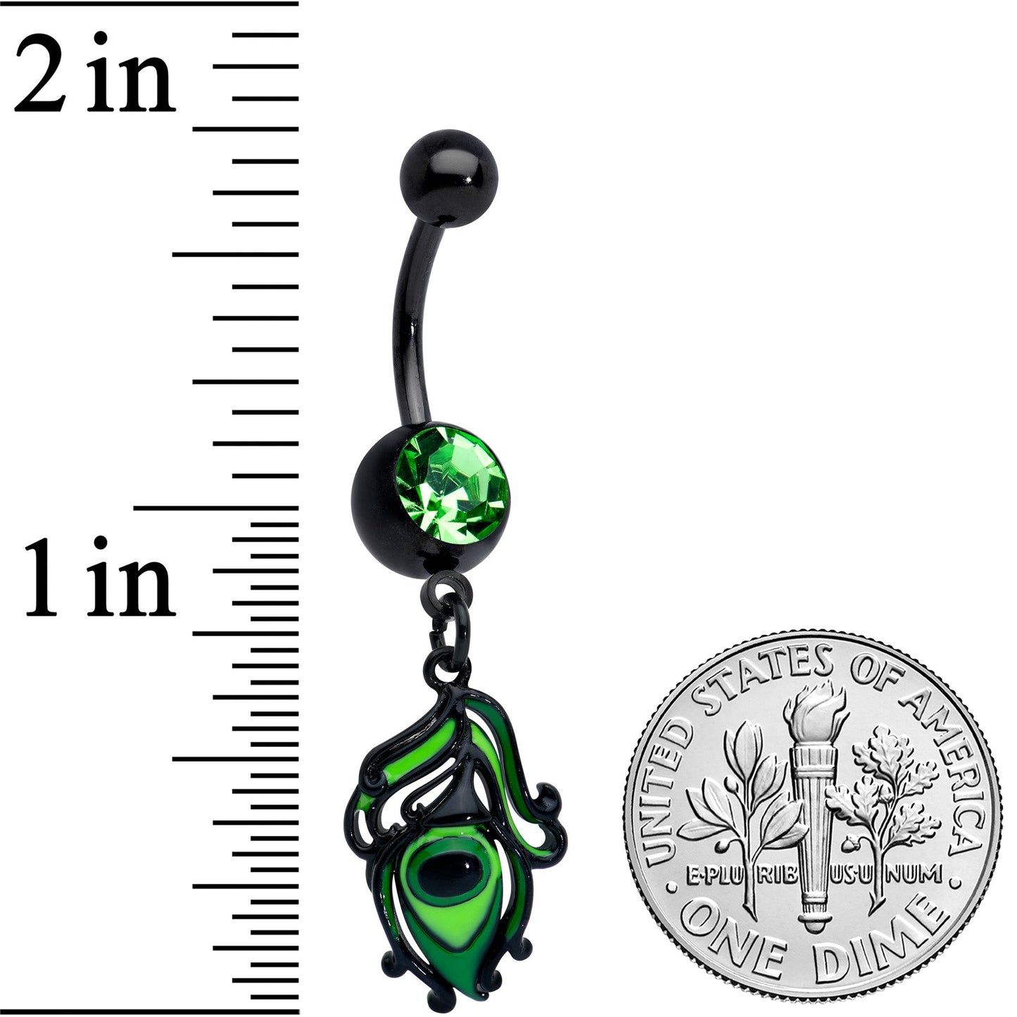 Green Gem Black Striking Peacock Feather Dangle Belly Ring