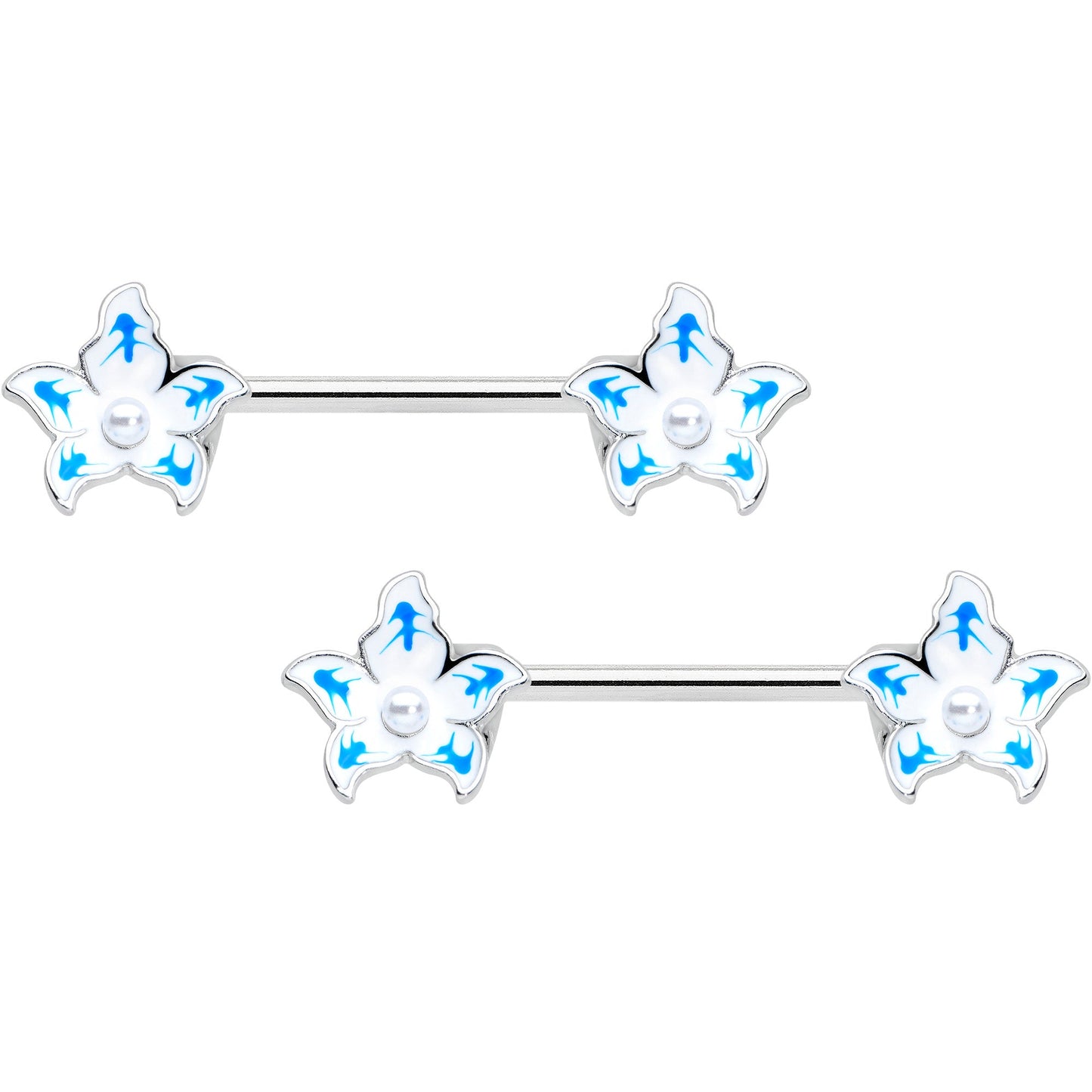 14 Gauge 9/16 Pearlescent Orb Flower Blue Barbell Nipple Ring Set