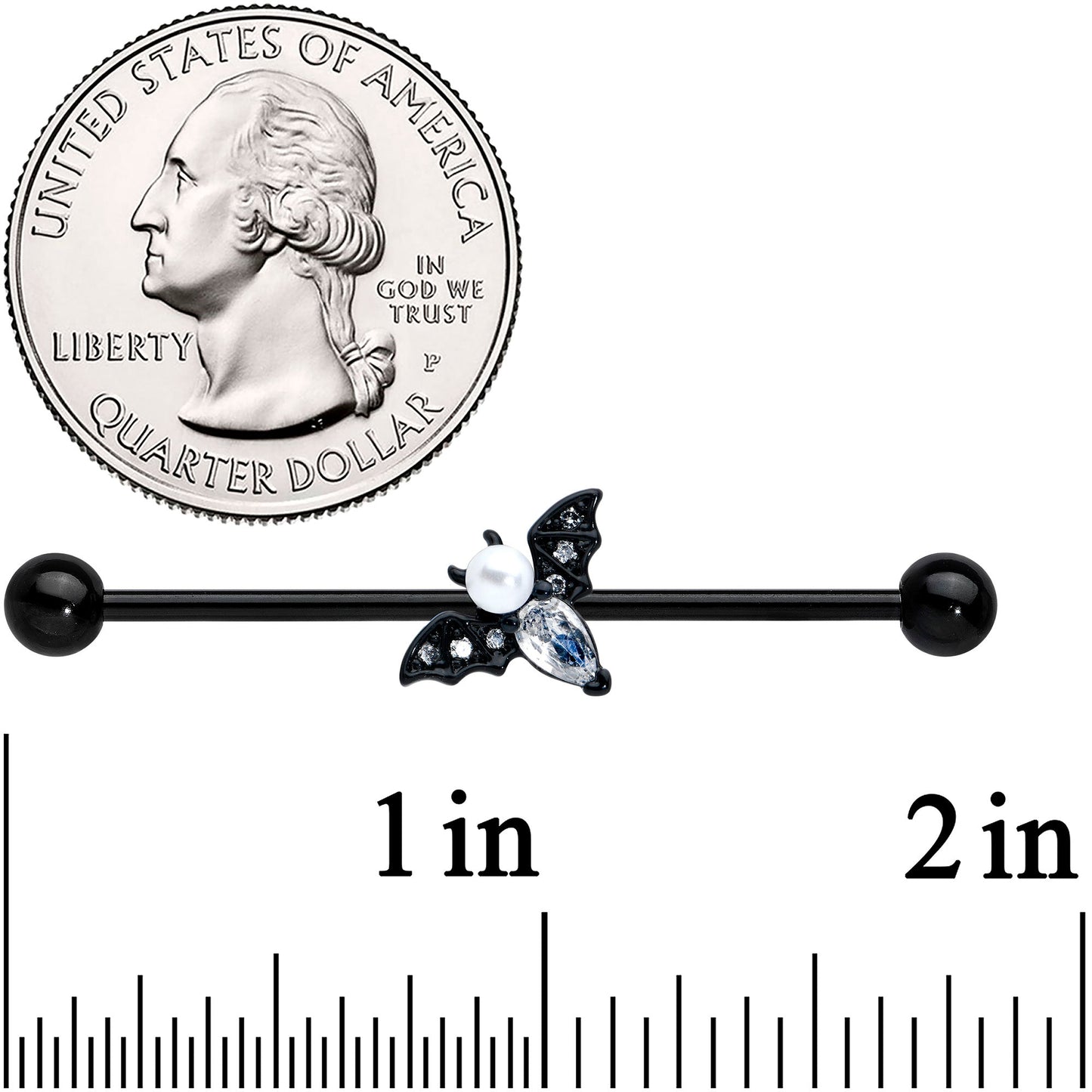 14 Gauge Faux Pearl Black Bat Halloween Industrial Barbell 38mm