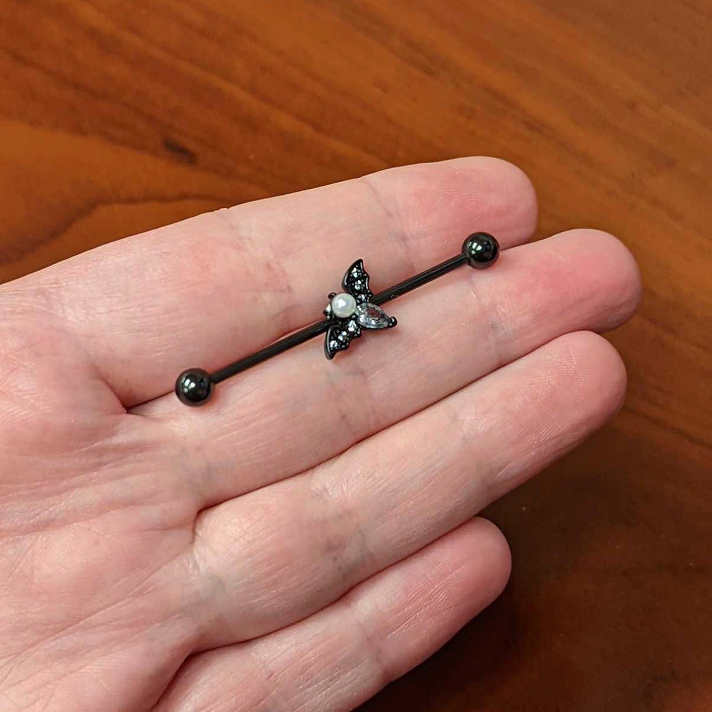 14 Gauge Faux Pearl Black Bat Halloween Industrial Barbell 38mm