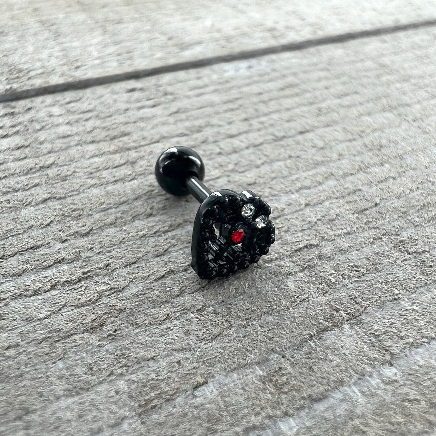 16 Gauge 1/4 Red Gem Black Steampunk Skull Cartilage Tragus Earring