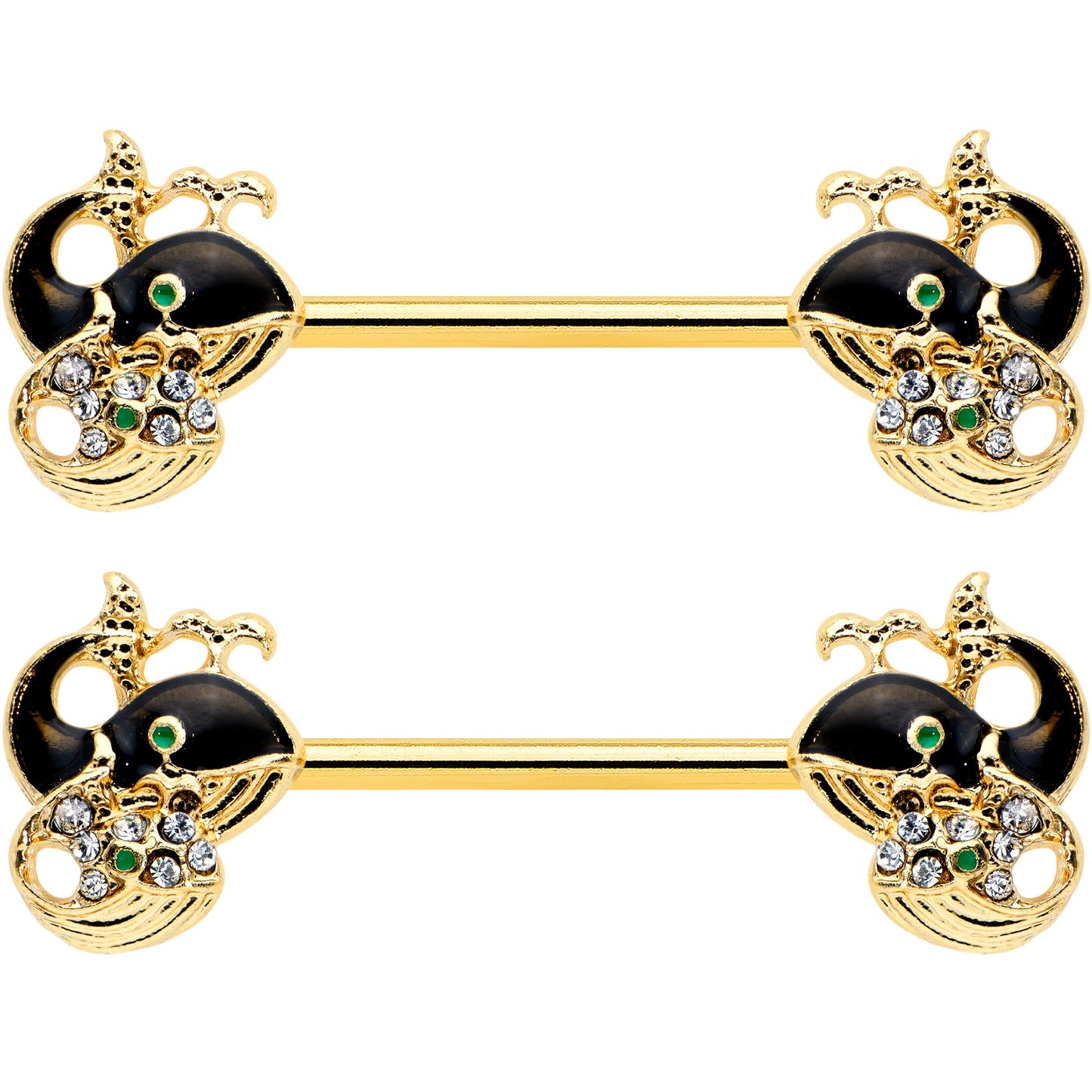 14 Gauge 9/16 Clear Gem Gold Tone Mom Baby Whale Nipple Ring Set