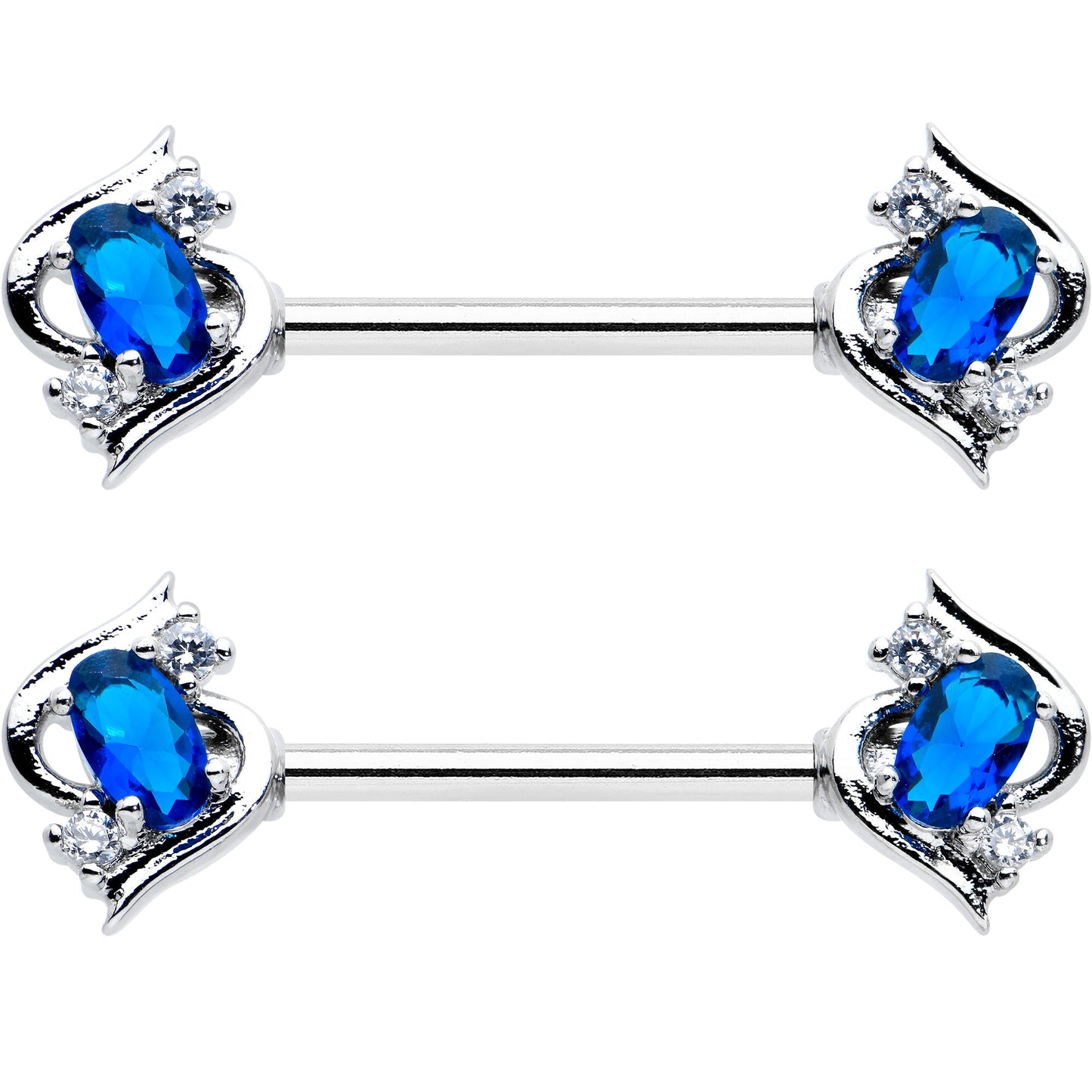 14 Gauge 9/16 Clear Blue Gem Oval Swirl Barbell Nipple Ring Set