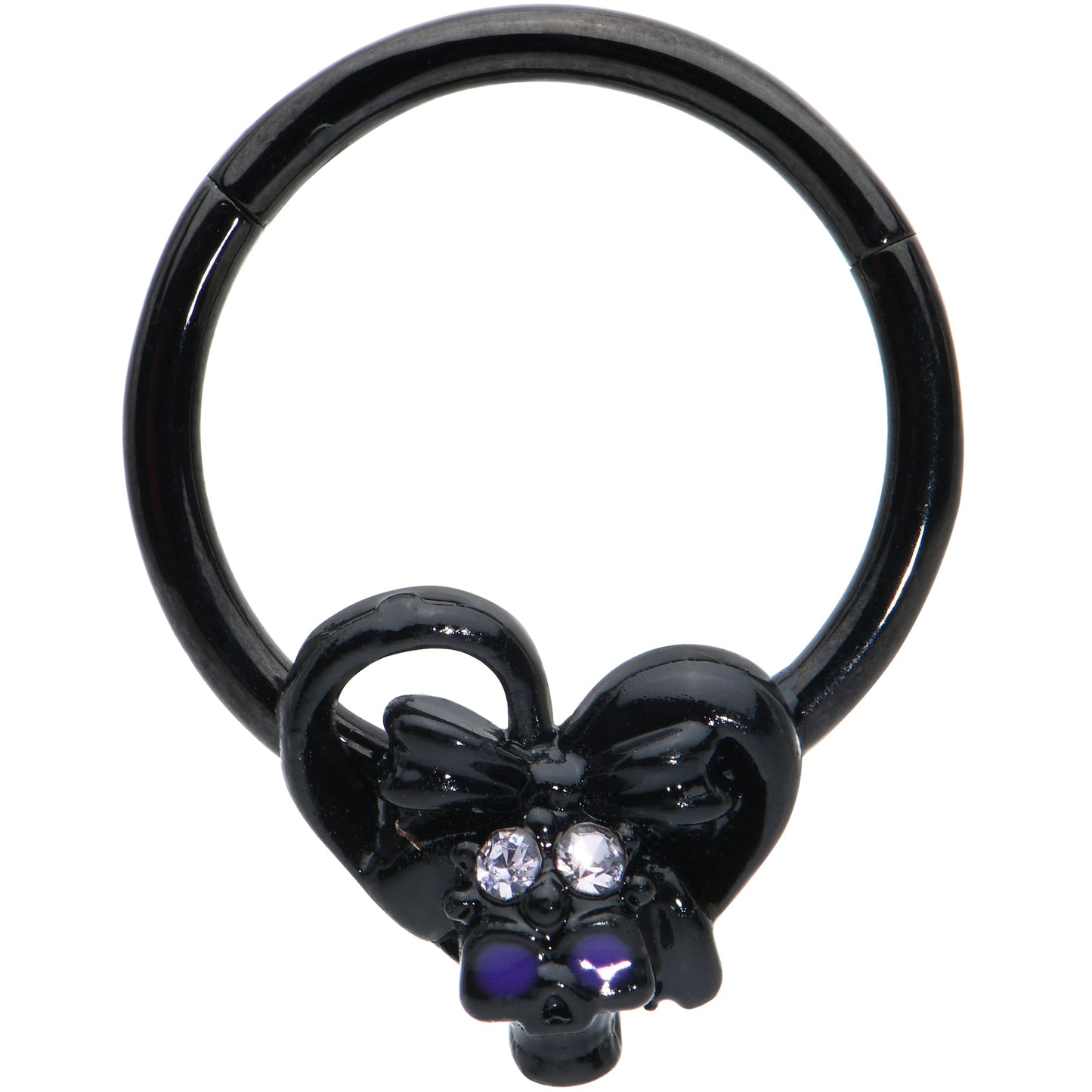 16 Gauge 3/8 Clear Gem Black Heart Skull Bow Hinged Segment Ring
