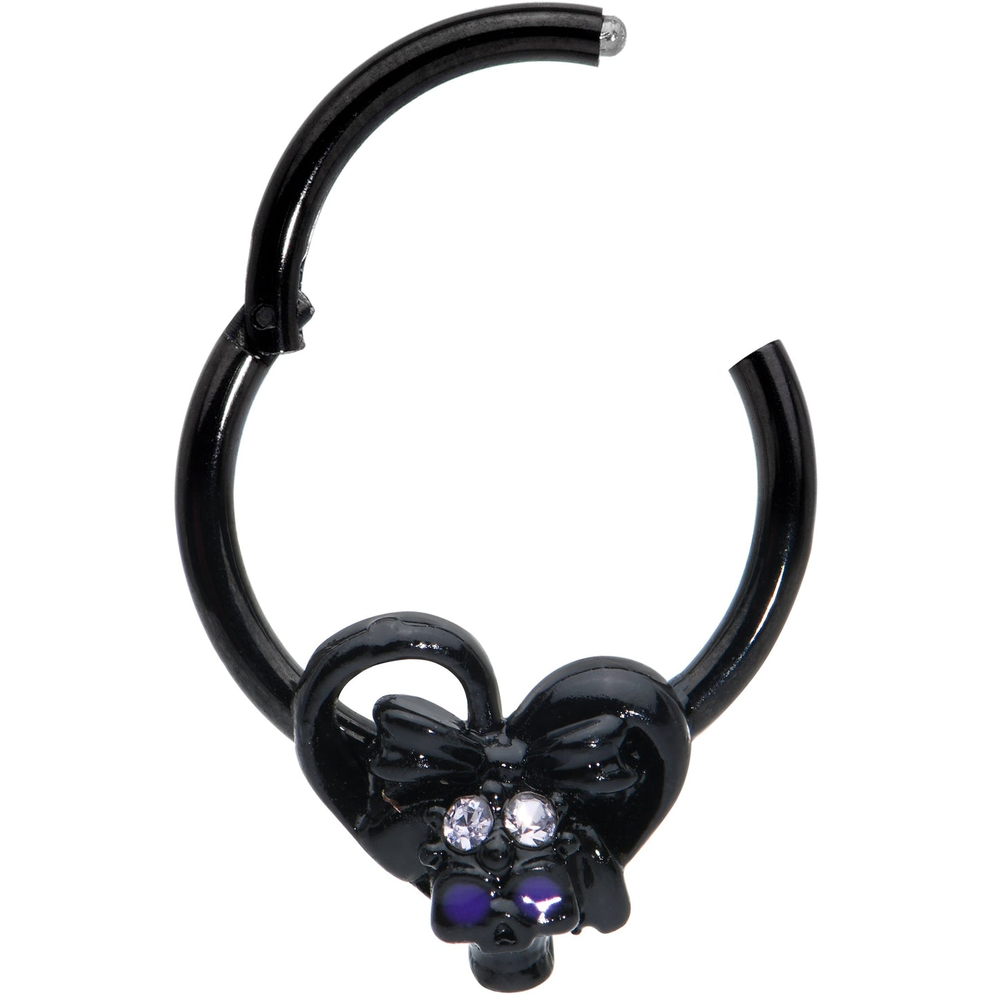 16 Gauge 3/8 Clear Gem Black Heart Skull Bow Hinged Segment Ring