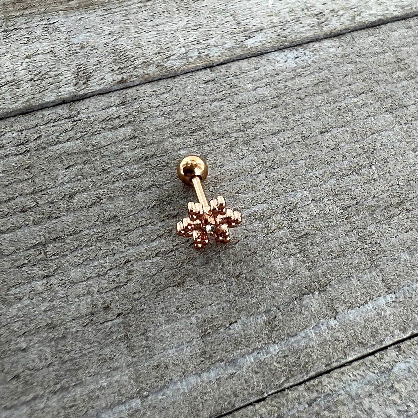16 Gauge 1/4 Clear Gem Rose Gold Tone Pretty Snowflake Cartilage Tragus