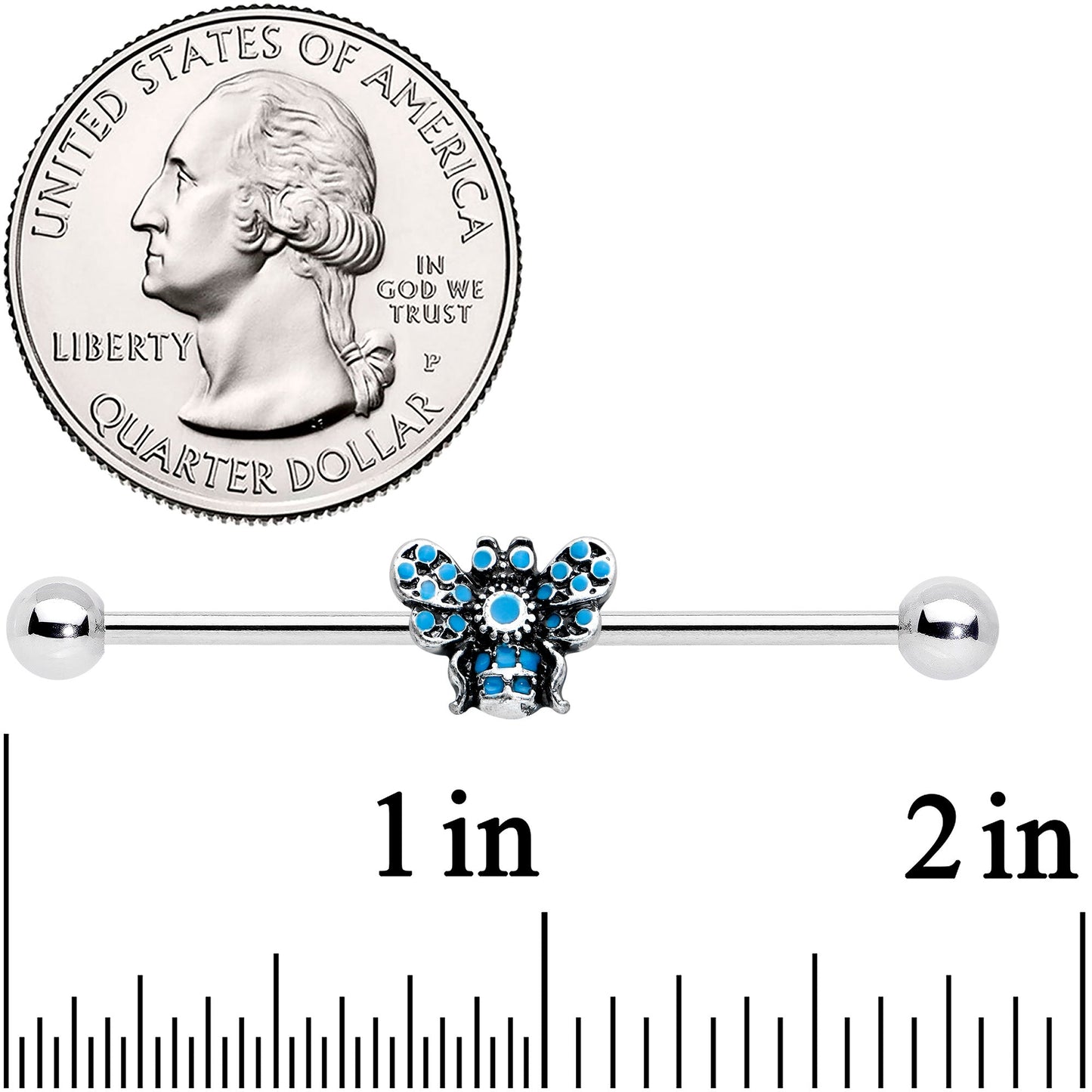 14 Gauge Texture Blue Butterfly Industrial Barbell 38mm