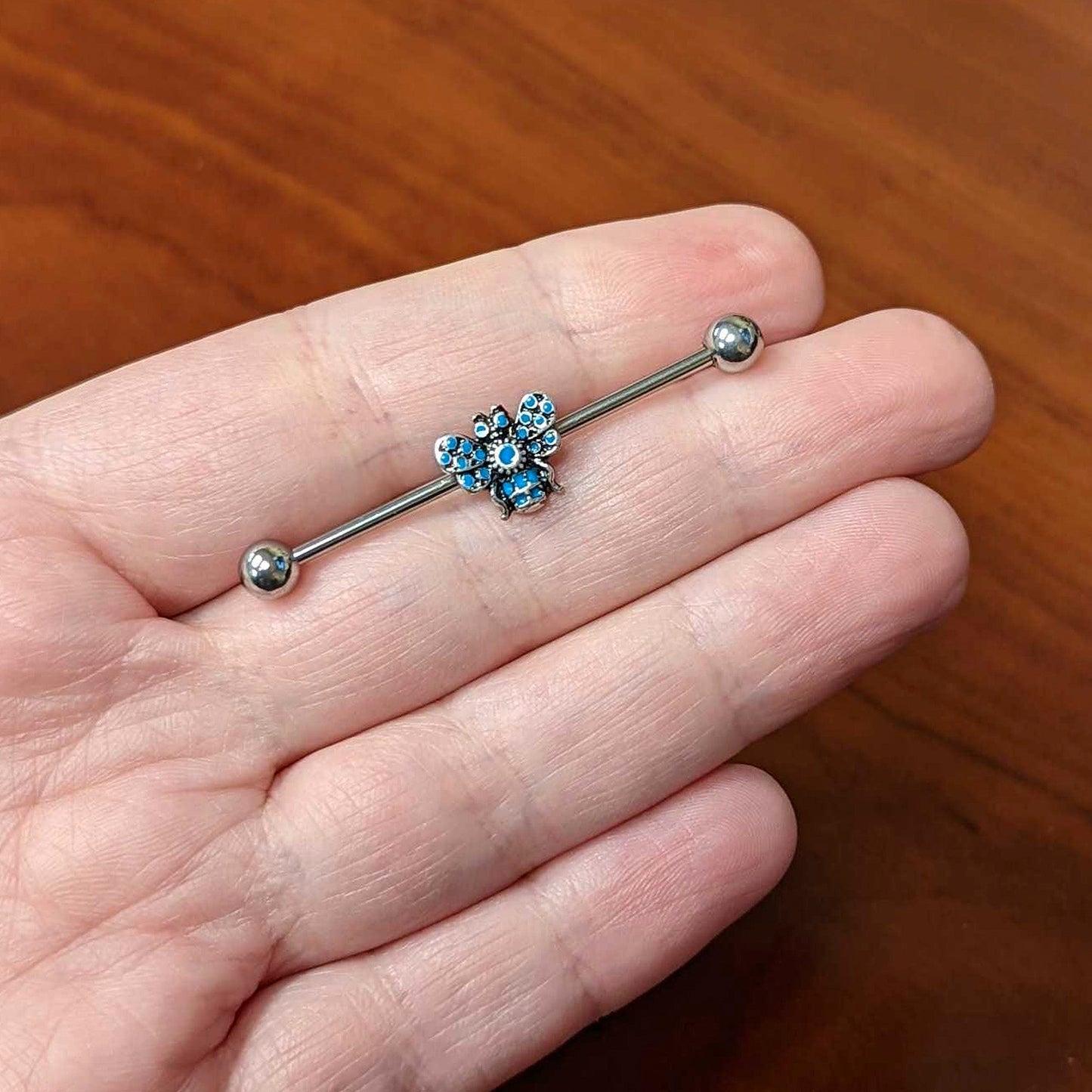 14 Gauge Texture Blue Butterfly Industrial Barbell 38mm