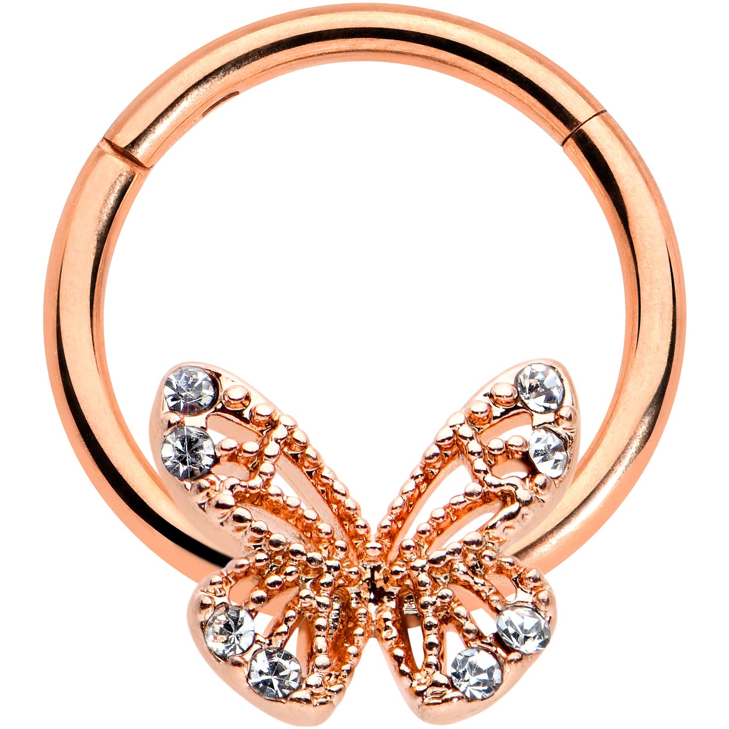16 Gauge 3/8 Clear Gem Rose Gold Hue Air Butterfly Hinged Segment Ring