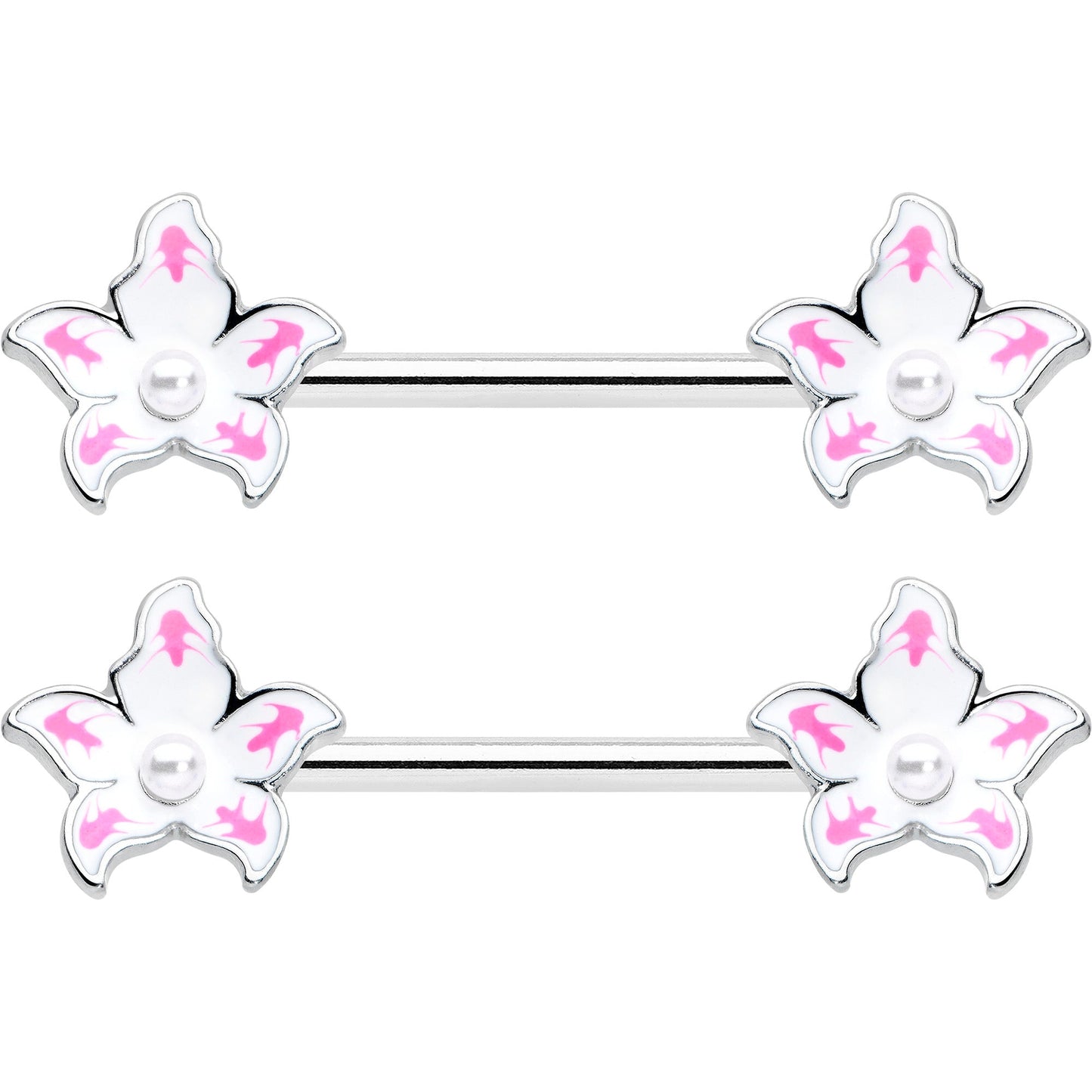 14 Gauge 9/16 Pearlescent Orb Pink White Flower Barbell Nipple Ring Set