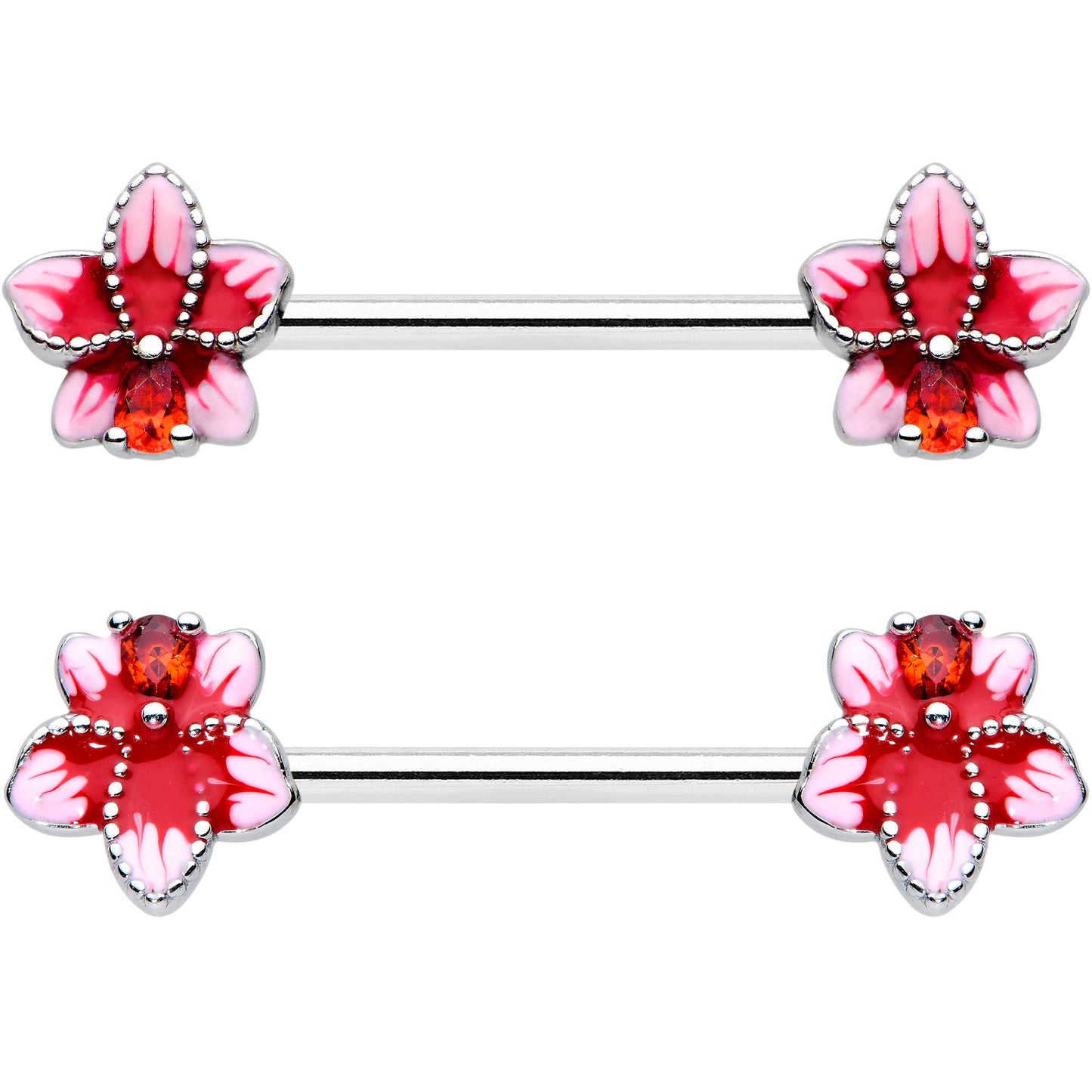 14 Gauge 9/16 Red Gem Tropical Flower Barbell Nipple Ring Set