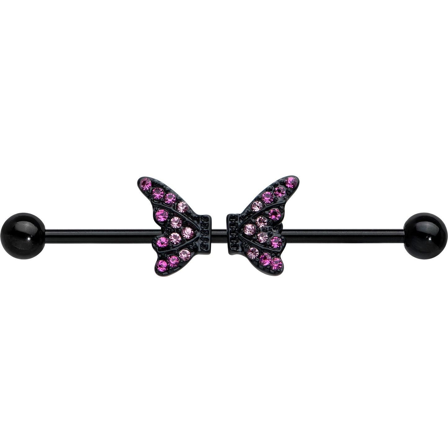 14 Gauge Pink Gem Black Moveable Wing Butterfly Industrial Barbell 38mm