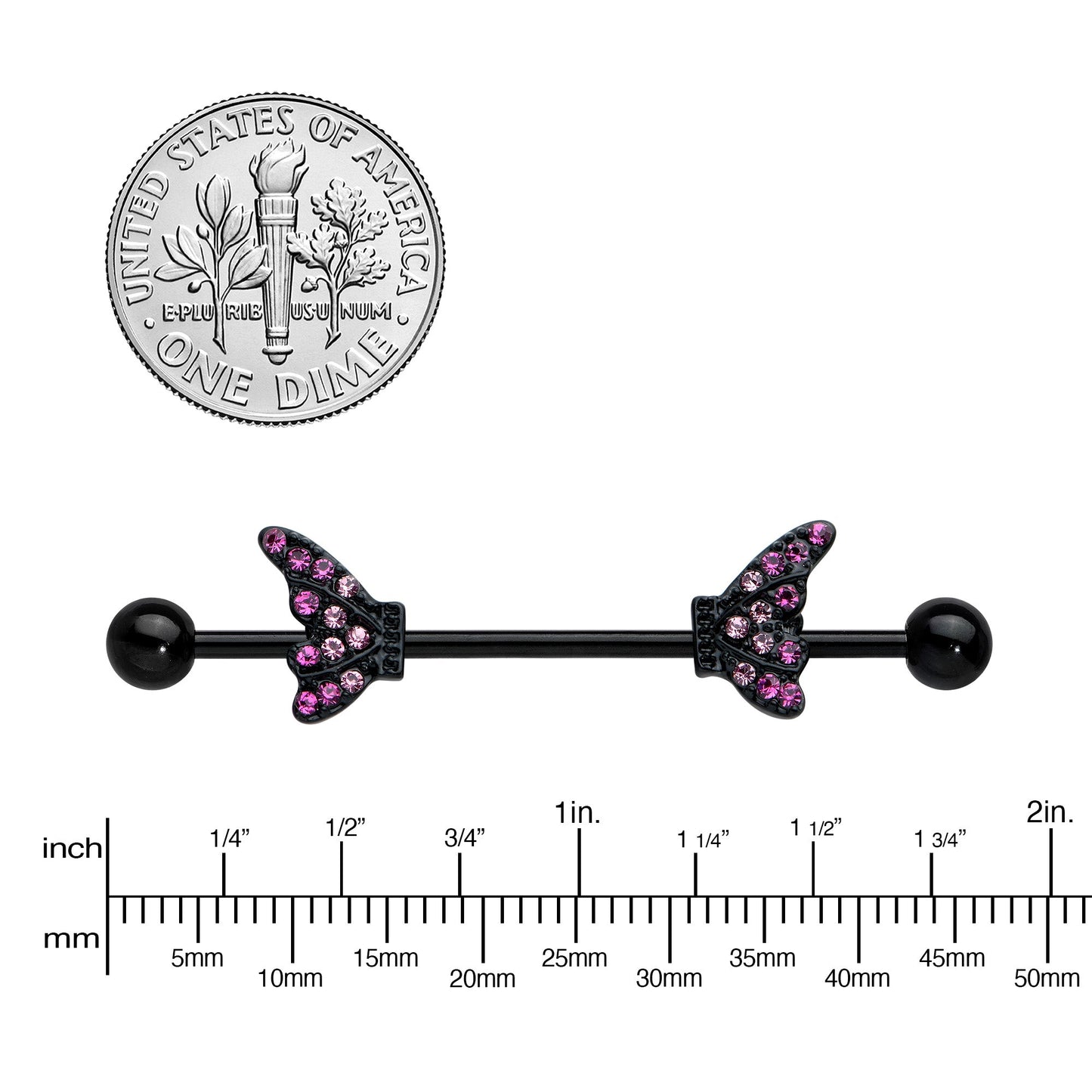 14 Gauge Pink Gem Black Moveable Wing Butterfly Industrial Barbell 38mm